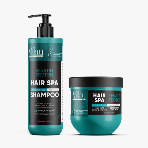 Milau Keratin Protein Hair Spa Shampoo (500ml) + Conditioner Mask (500ml) – Frizz Control Set