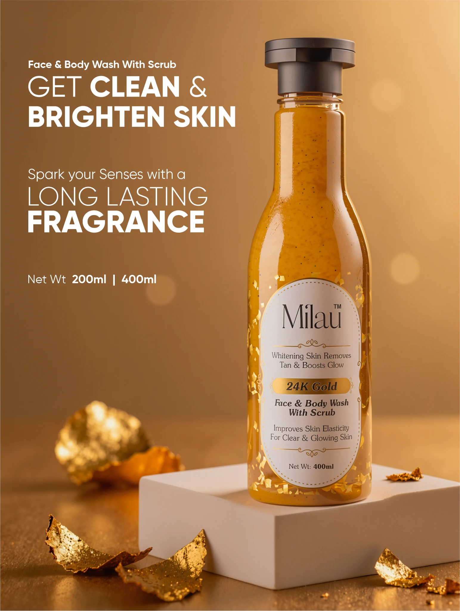 24K Gold Face & Body Wash with Scrub – Luxury Skin Brightening & Tan Removal Cleanser | Milau