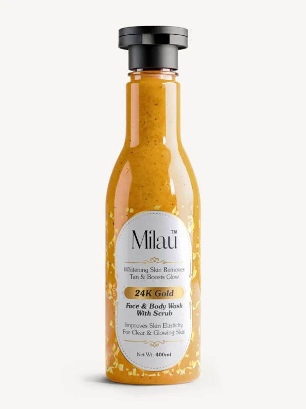 Milau 24k gold face and body wash with scrub luxury skincare bottle