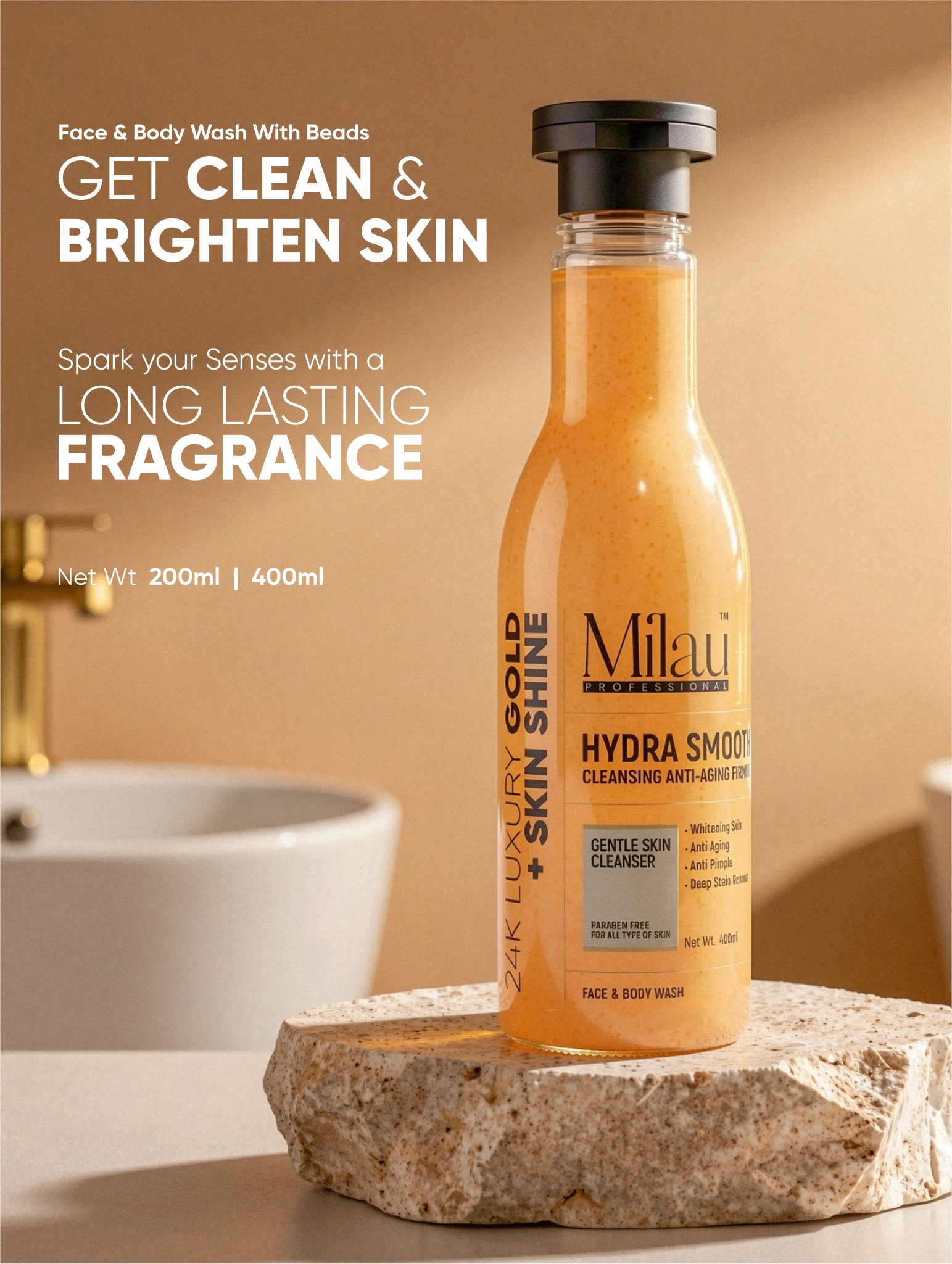 Hydra Smooth Face & Body Wash with Beads for Brightening, Anti-Aging & Deep Cleansing | Milau