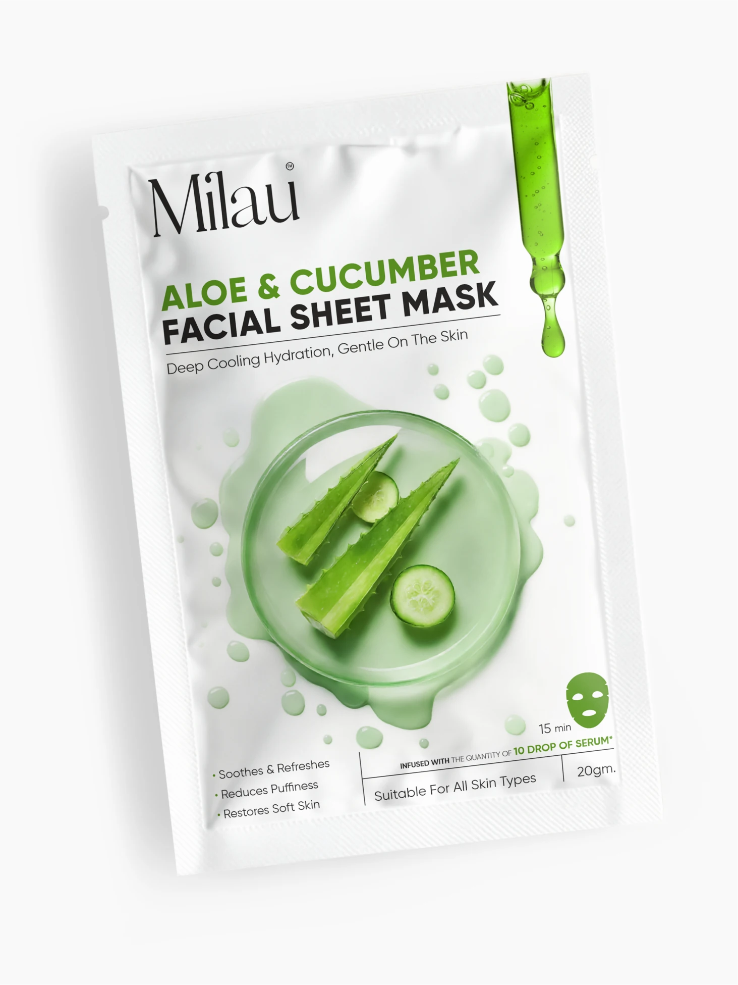 Aloe Vera & Cucumber Facial Sheet Mask for Hydration, Cooling & Soothing Skin | Milau
