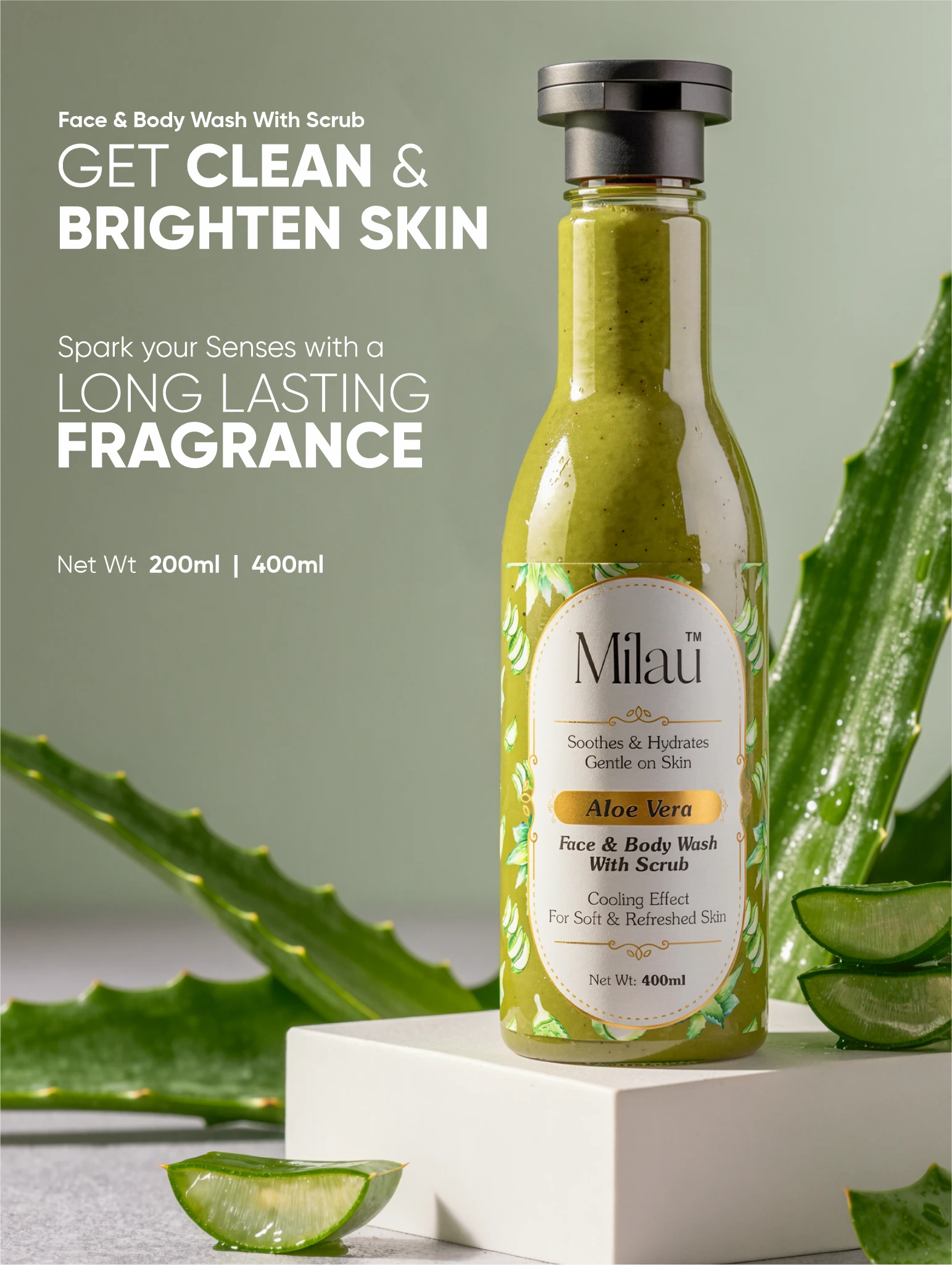 Aloe Vera Face & Body Wash with Scrub – Hydrating Gentle Cleanser for Soft Skin | Milau