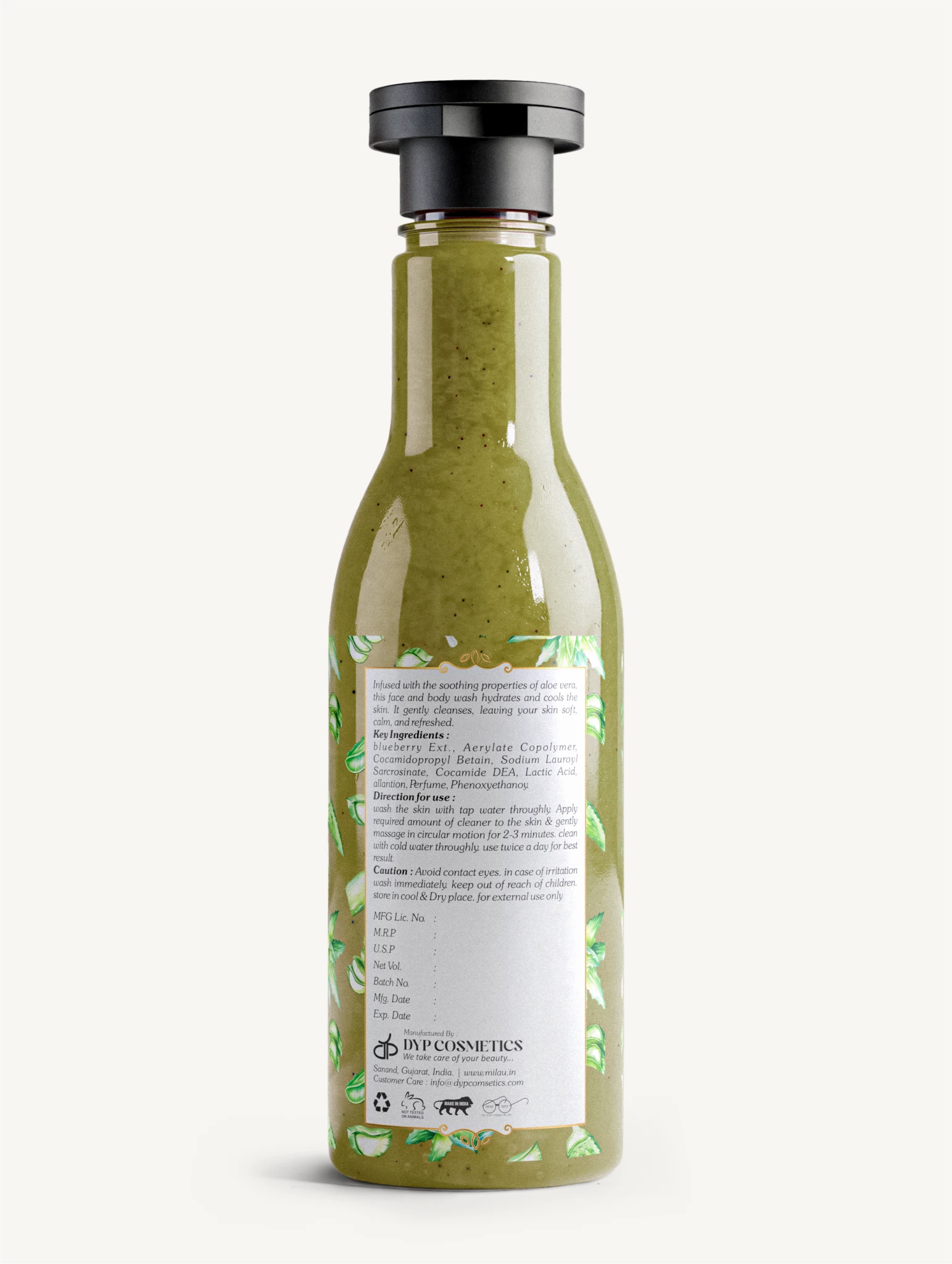 Aloe Vera Face & Body Wash Back Label – Ingredients & Usage Information | Milau