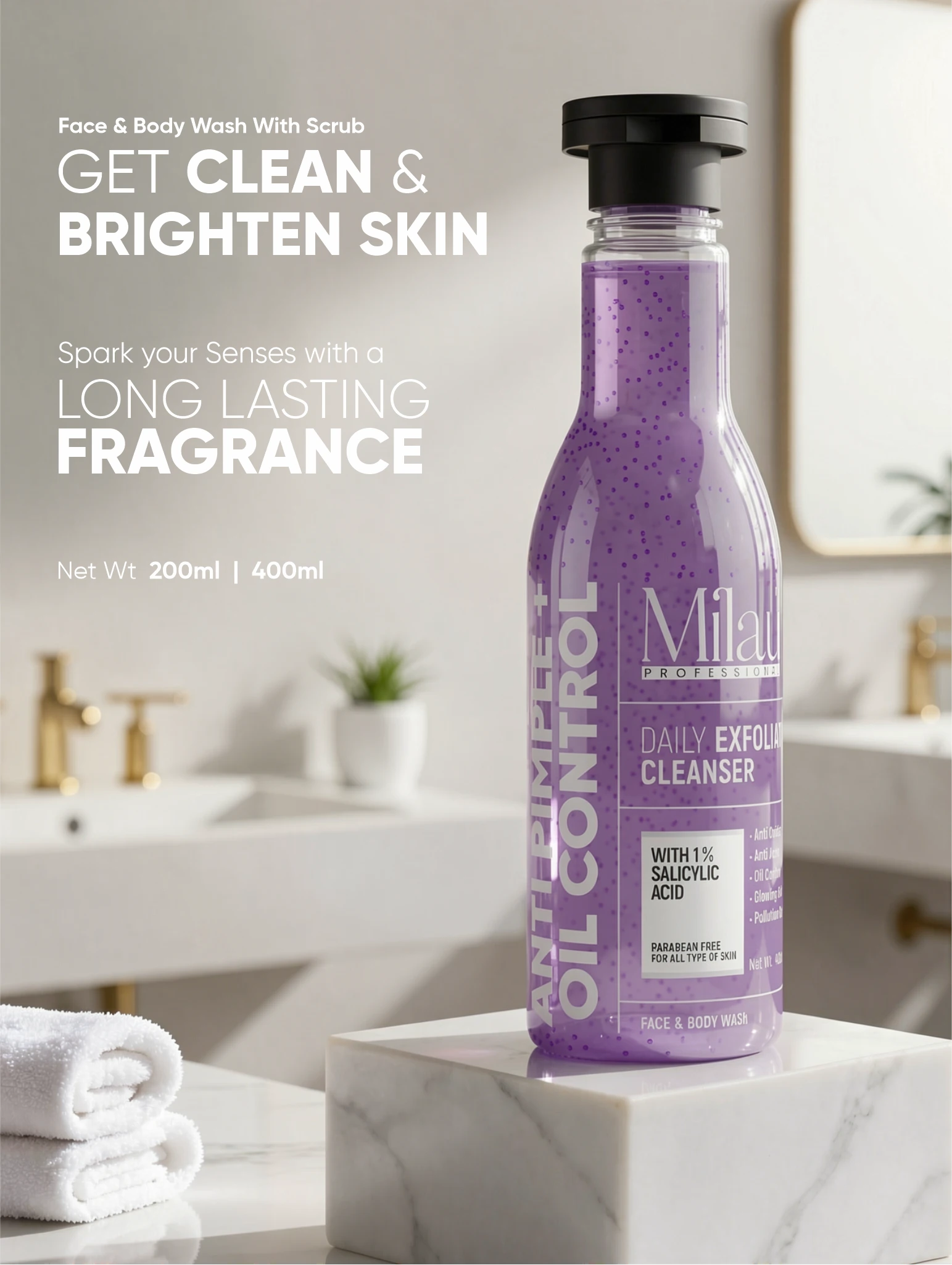 Daily Exfoliating Face & Body Wash with 1% Salicylic Acid for Acne, Oil Control & Deep Cleansing | Milau