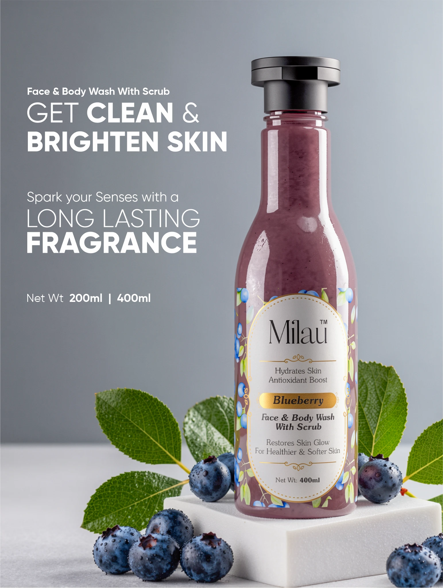 Blueberry Face & Body Wash with Scrub – Antioxidant Skin Brightening & Hydrating Cleanser | Milau