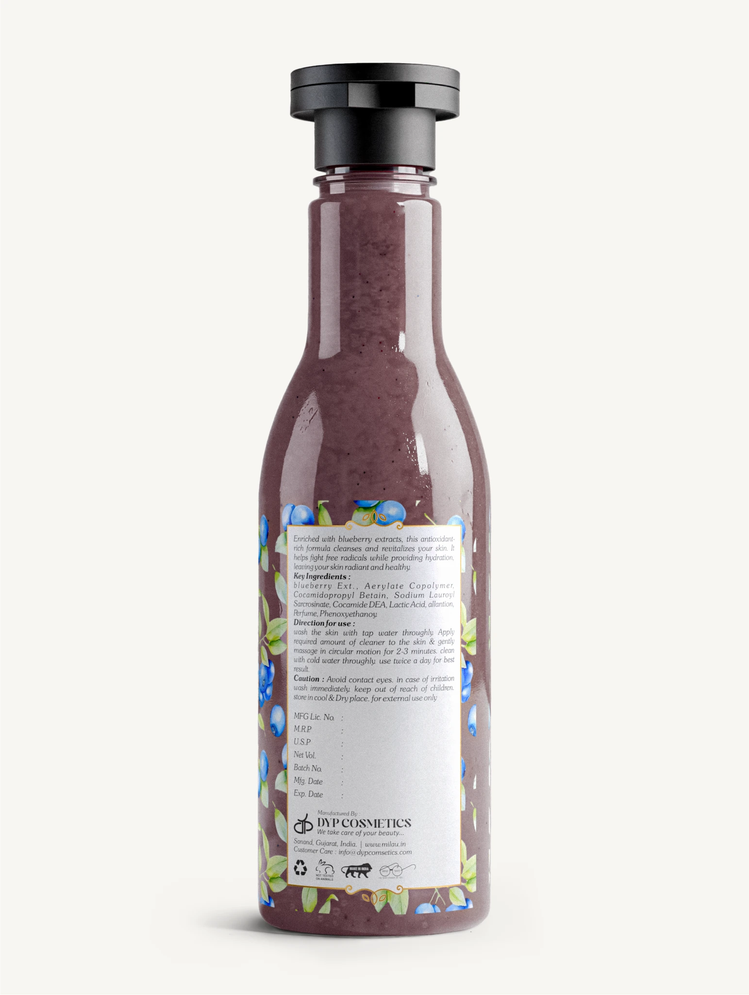 Blueberry Face & Body Wash Back Label – Ingredients & Skincare Details | Milau