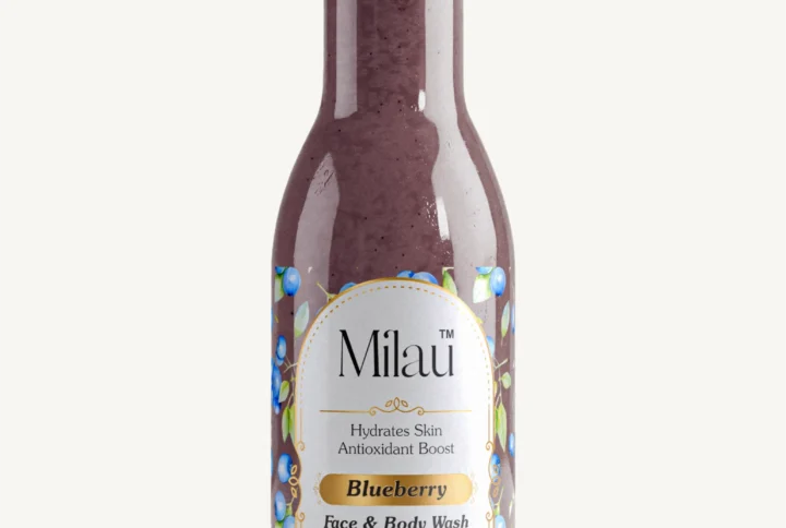 Milau blueberry face and body wash with scrub antioxidant skincare bottle