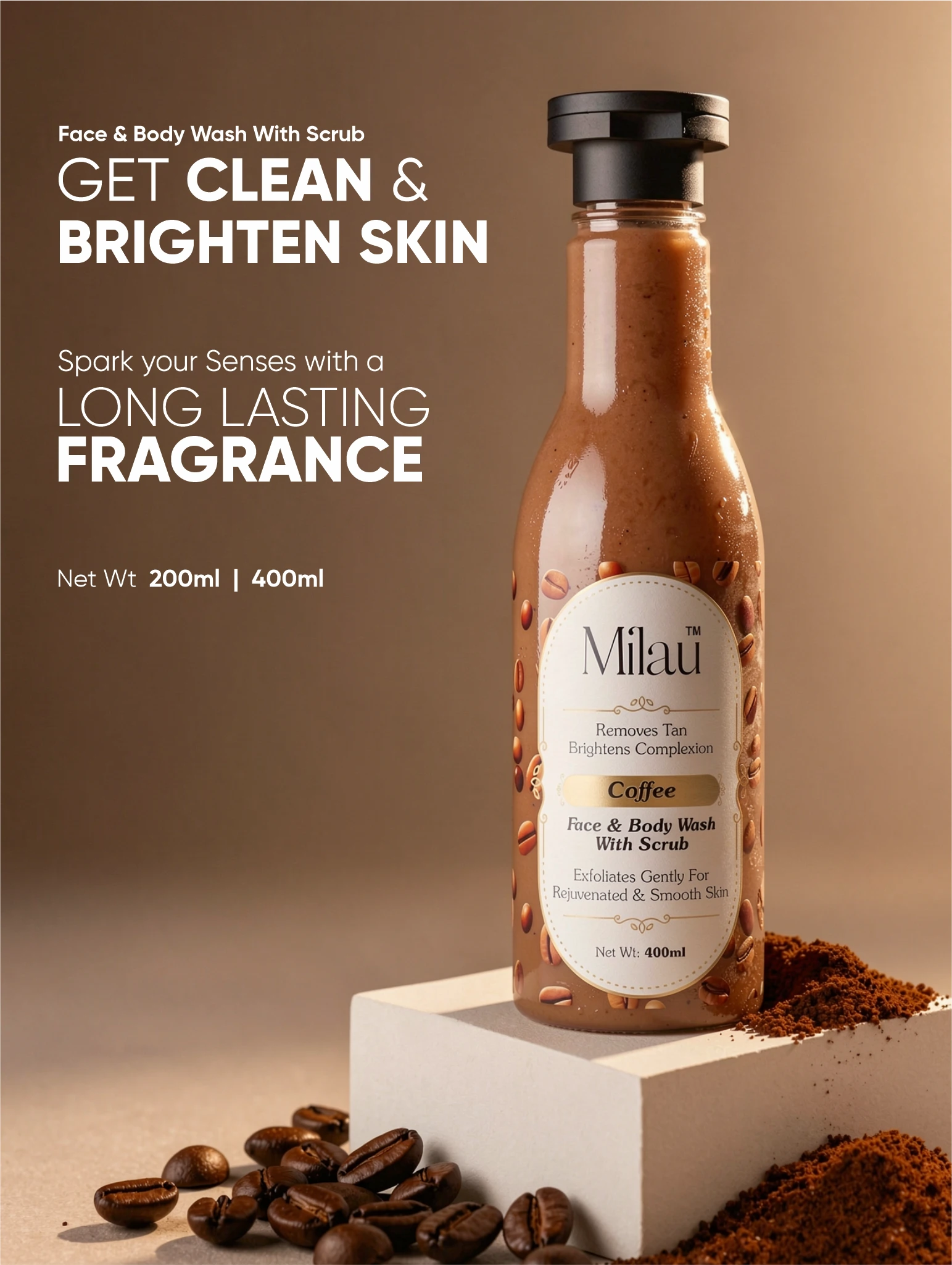 Coffee Face & Body Wash with Scrub for Tan Removal, Brightening & Exfoliation | Milau