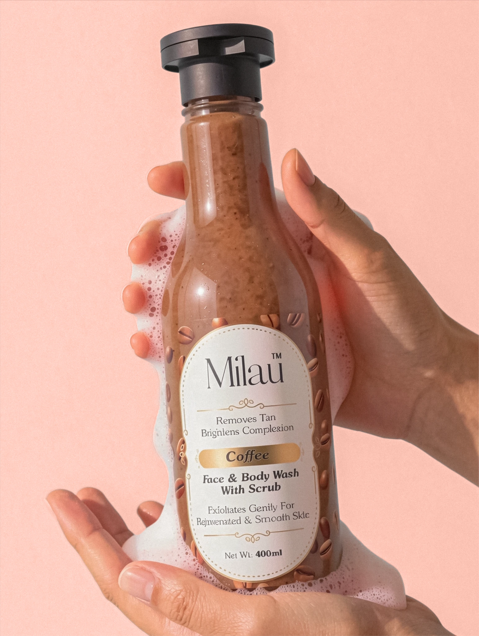 Coffee Face & Body Wash with Scrub – Tan Removal Exfoliating Cleanser for Smooth Bright Skin | Milau