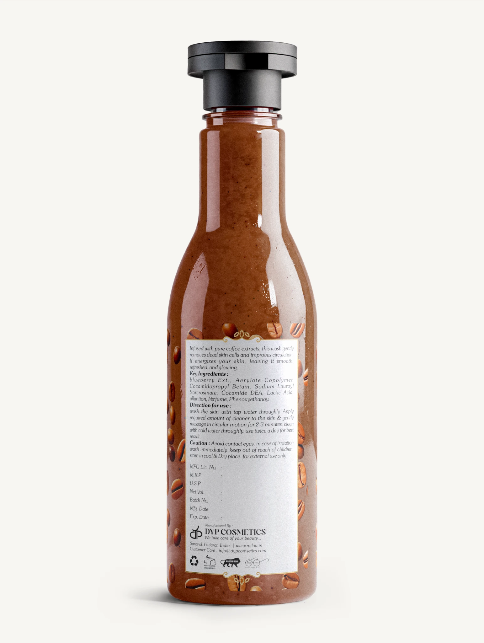 Coffee Face & Body Wash Back Label – Product Information & Usage | Milau