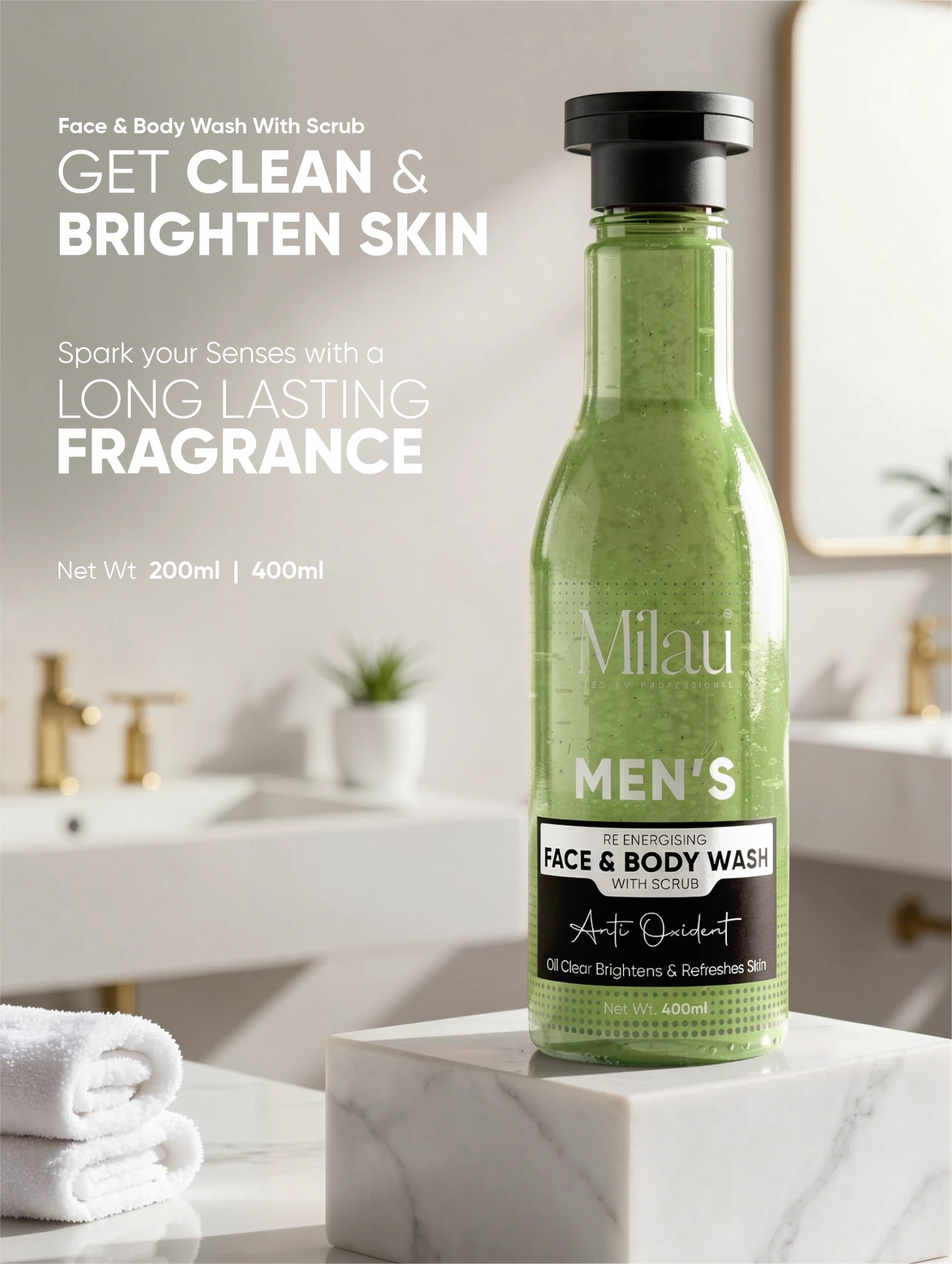 Men’s Face & Body Wash with Scrub – Deep Clean Oil Control Anti-Oxidant Cleanser for Men | Milau