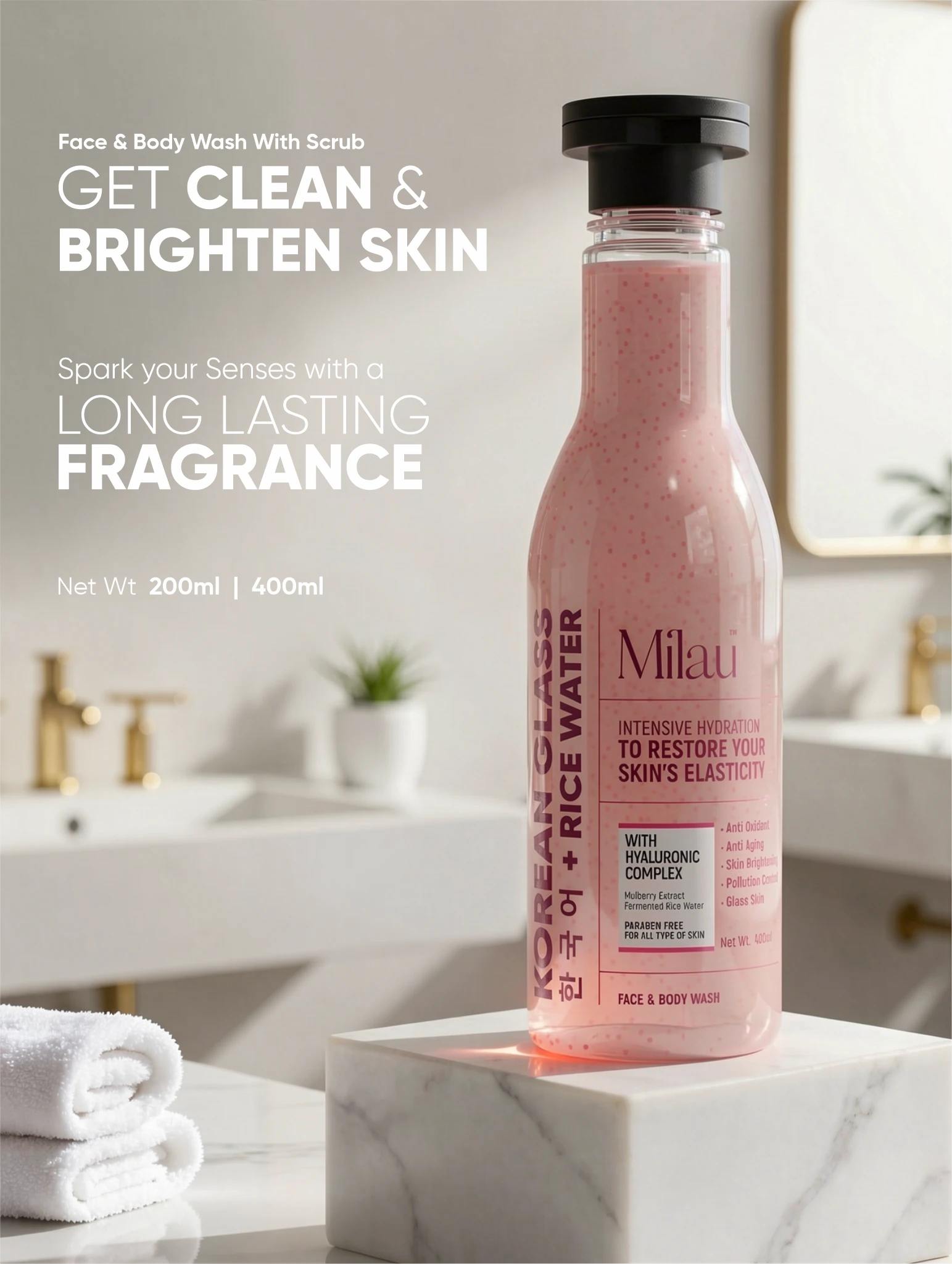 Korean Glass Skin Face & Body Wash with Scrub – Rice Water & Hyaluronic Acid Hydrating Cleanser | Milau