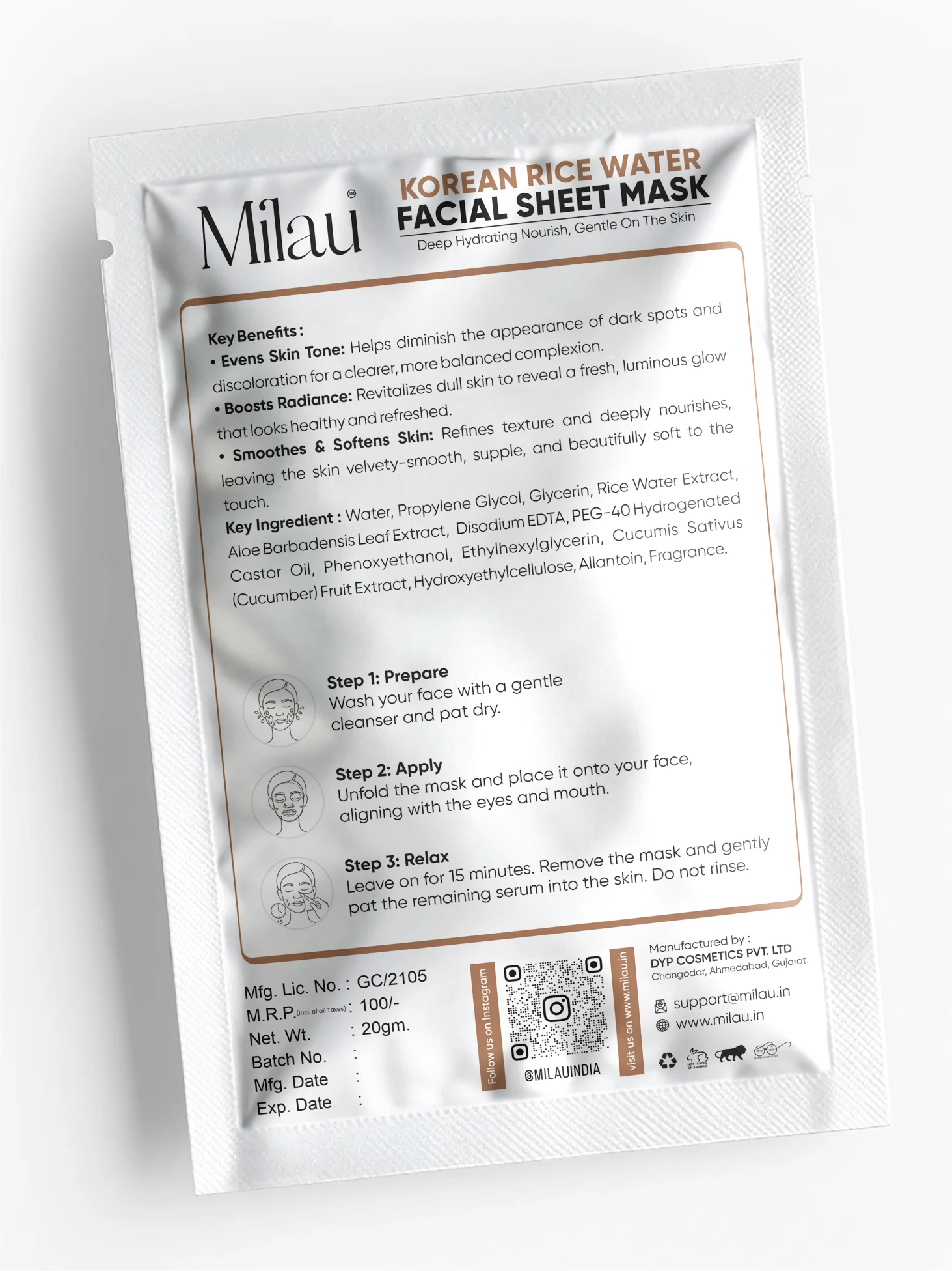 Rice Water Sheet Mask for Brightening & Smooth Skin | Milau