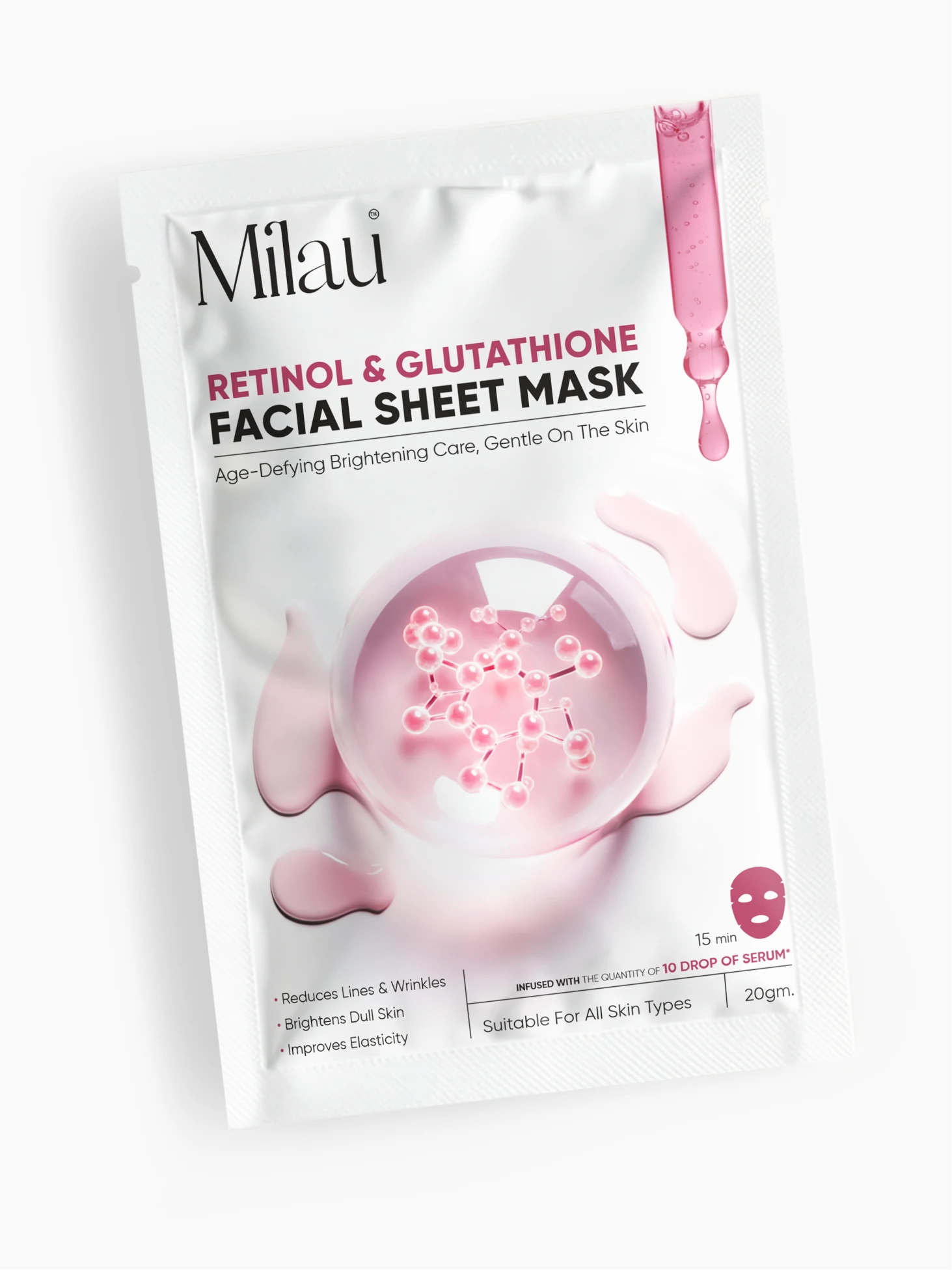 Retinol & Glutathione Sheet Mask for Anti-Aging, Skin Brightening & Even Tone | Milau