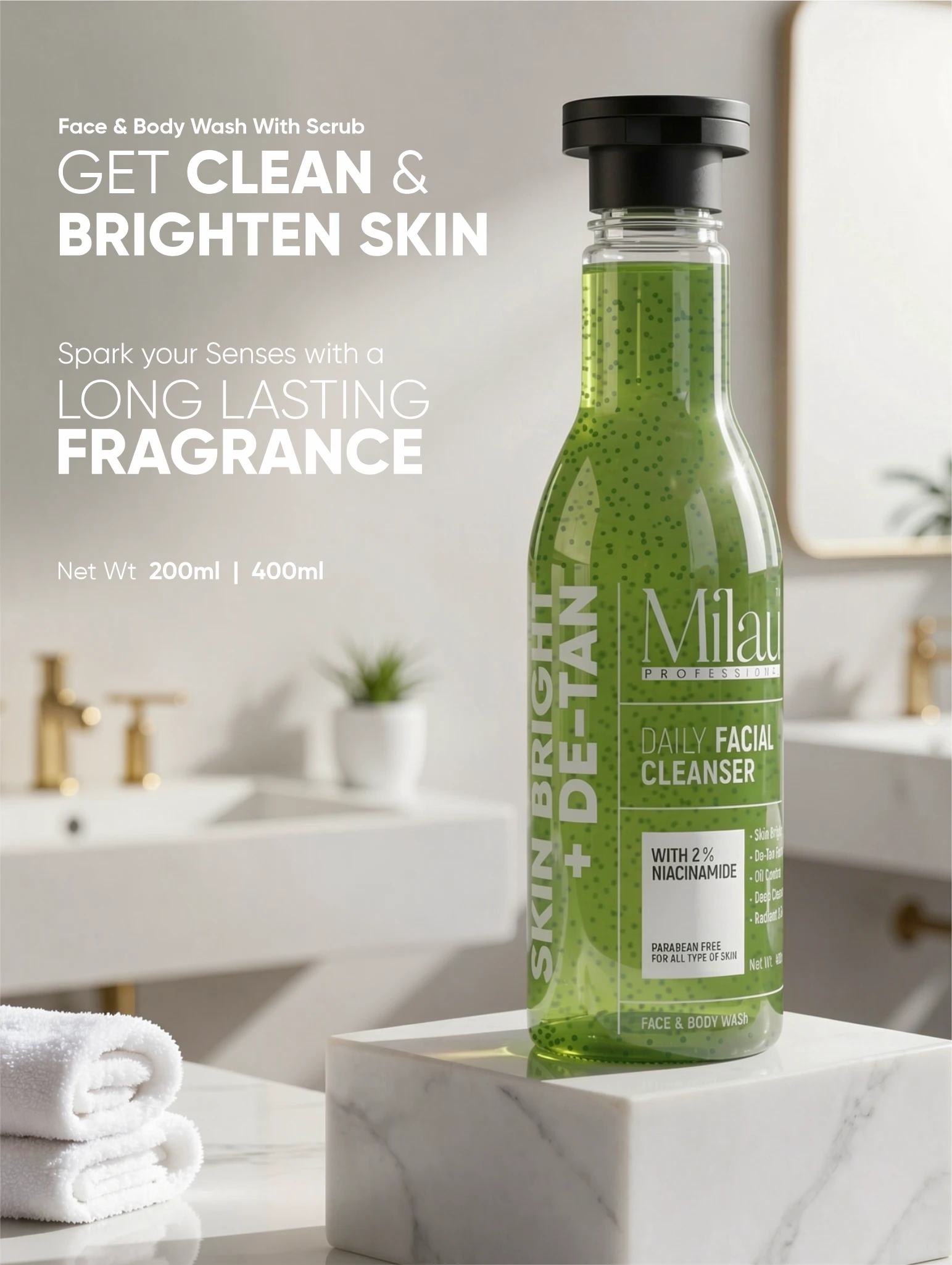 Daily Facial Cleanser with Niacinamide – Oil Control Brightening Face & Body Wash for Clear Skin | Milau