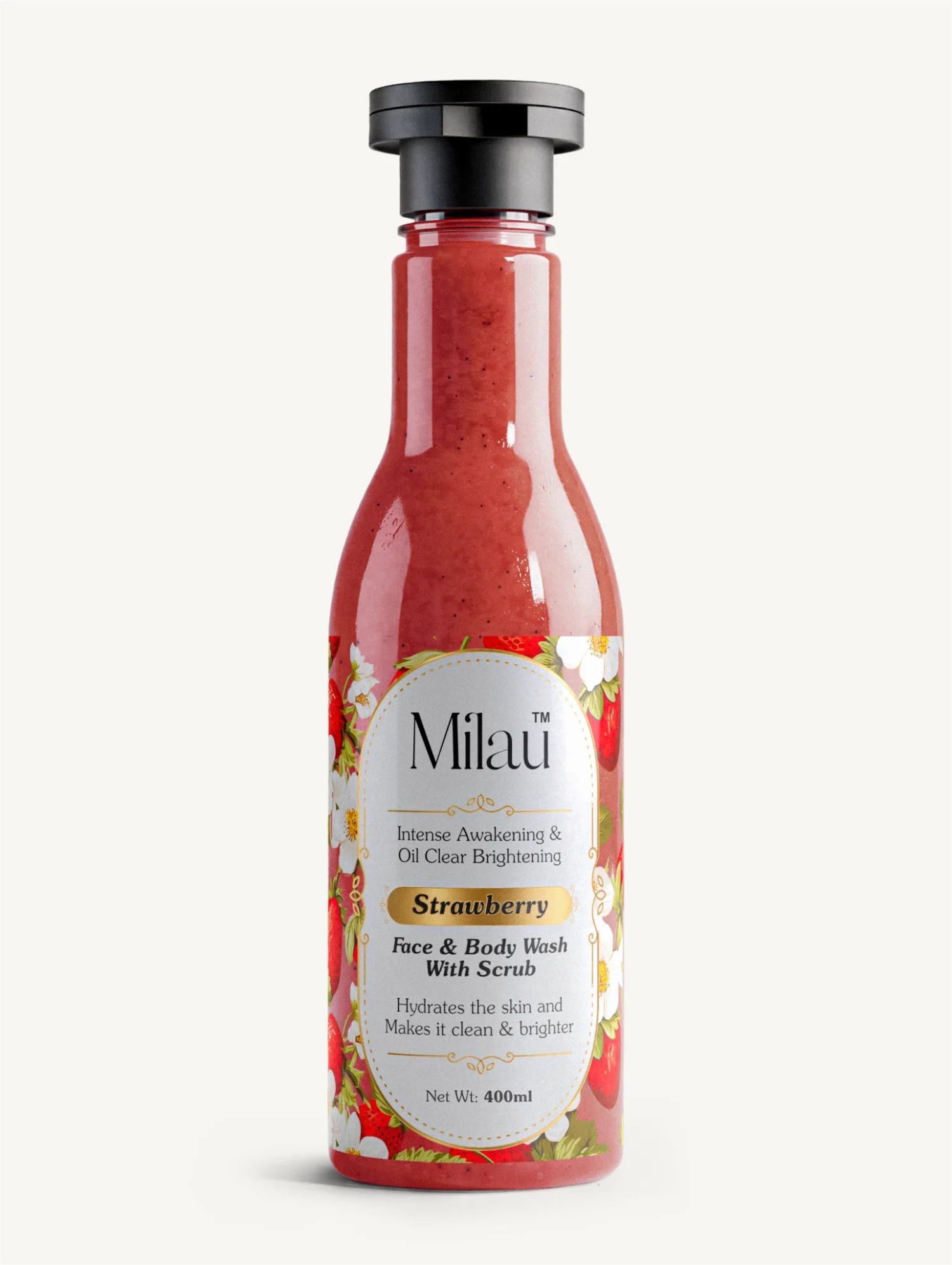 Milau Strawberry Face & Body Wash with Scrub — Oil Clear & Brightening | 200 ml & 400 ml