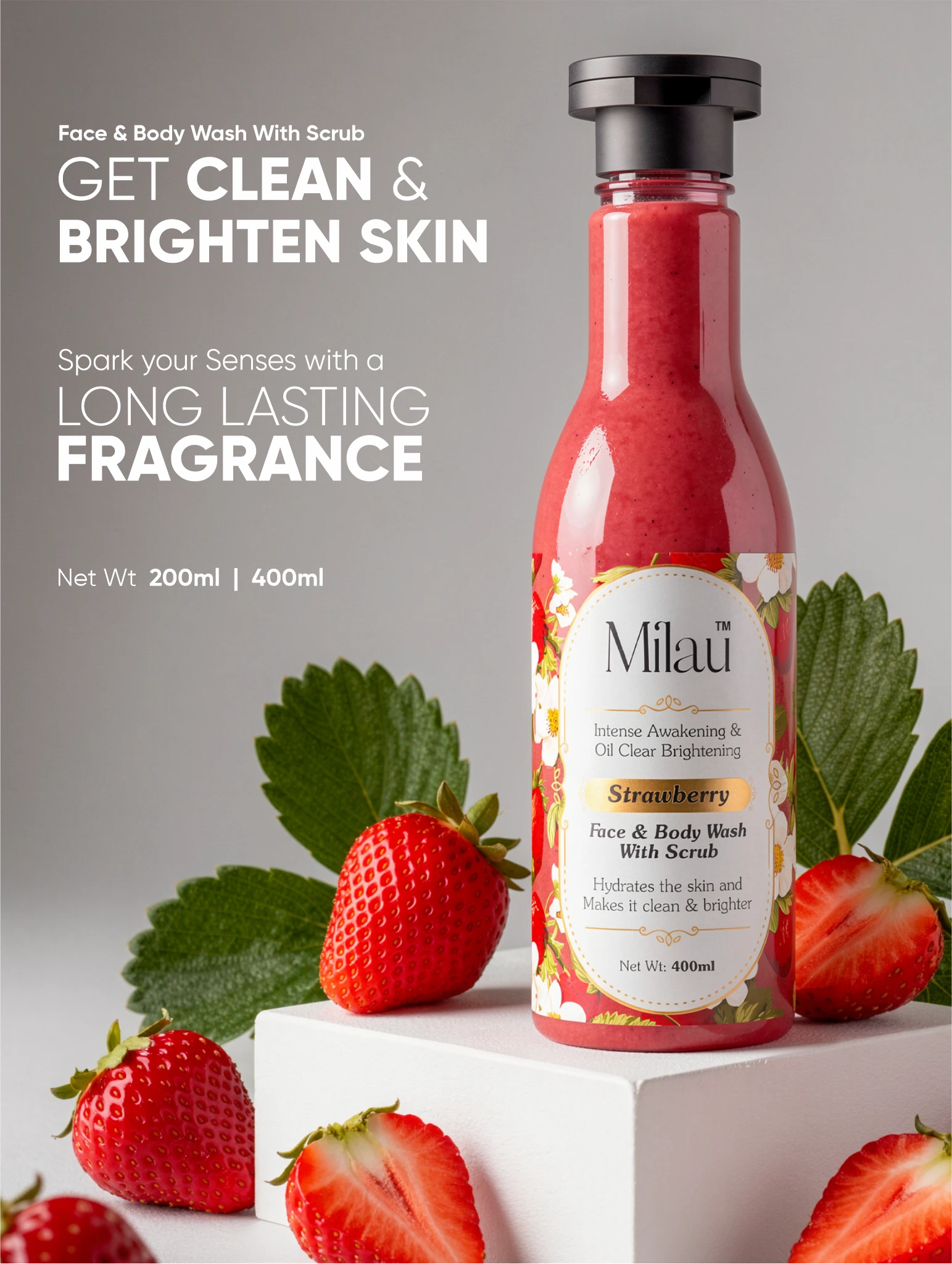Hydrating Strawberry Body Wash with Exfoliating Scrub for Soft & Glowing Skin | Milau