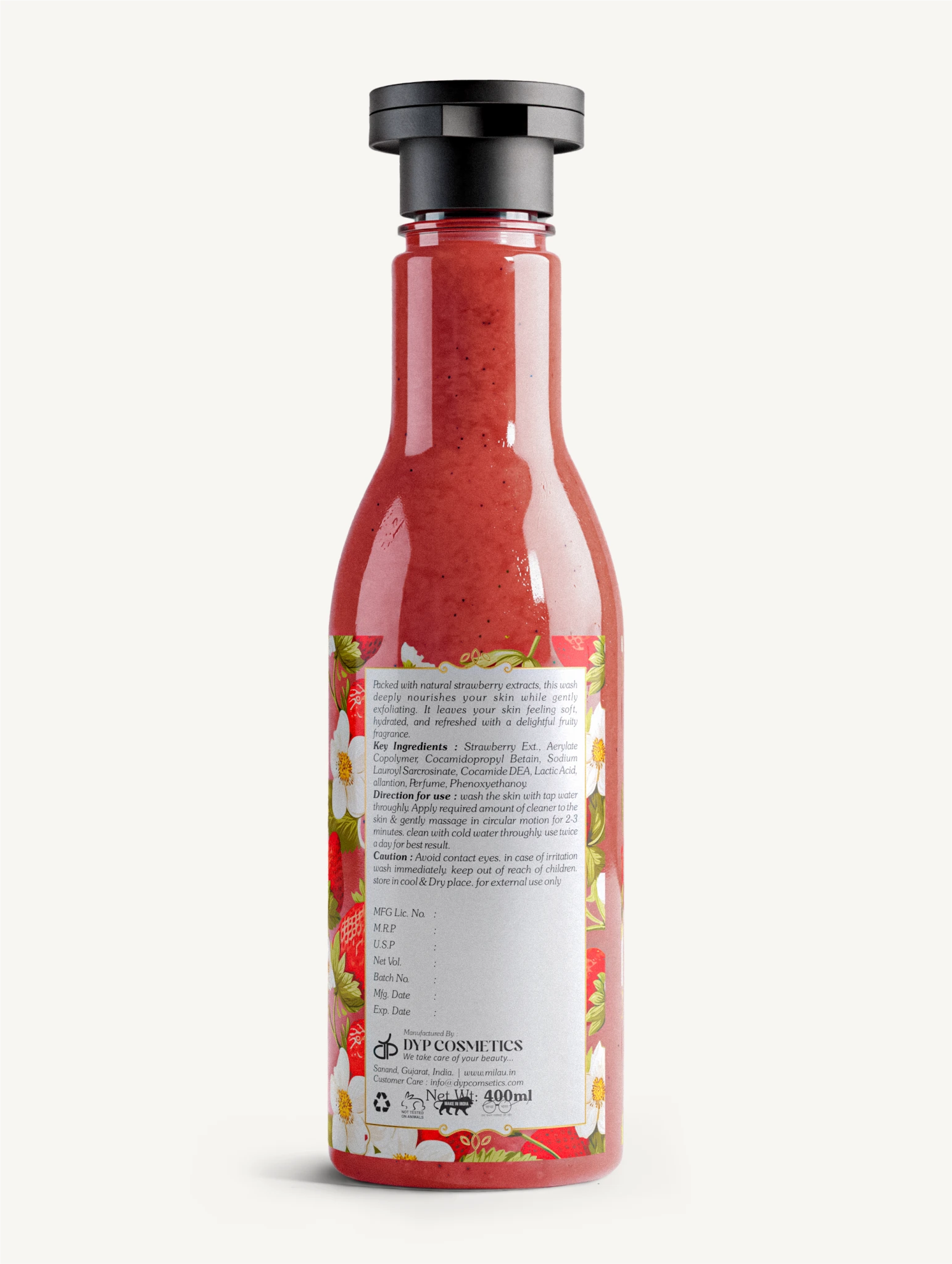 Strawberry Face & Body Wash Back Label – Ingredients & Directions | Milau