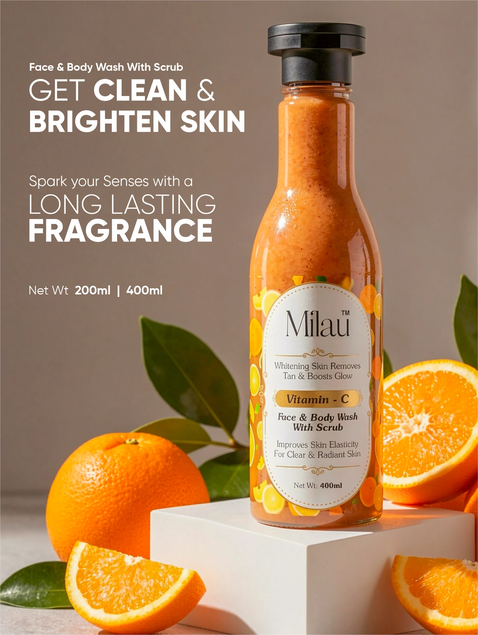 Vitamin C Face & Body Wash with Scrub – Brightening Tan Removal Cleanser for Glowing Skin | Milau