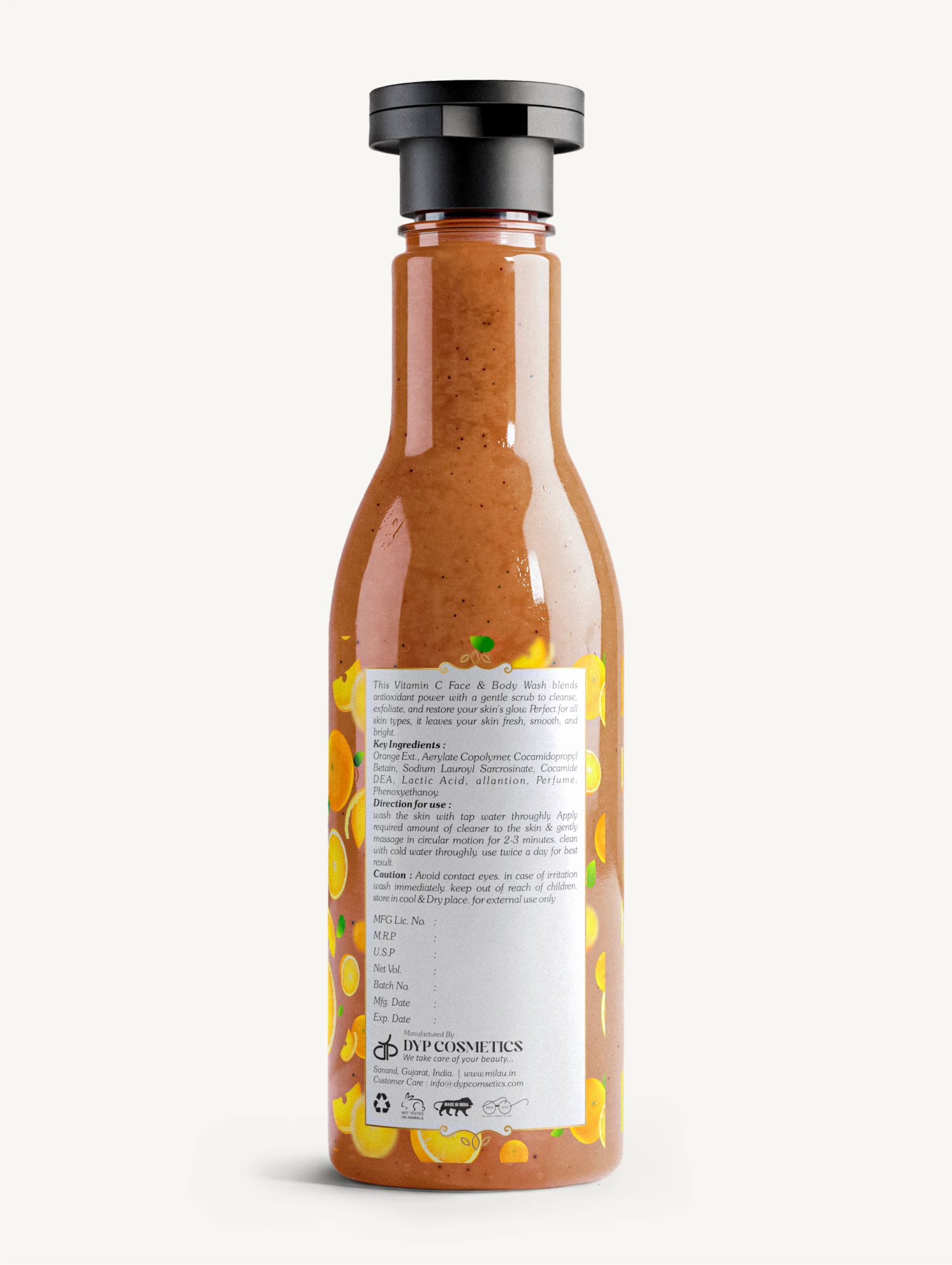 Vitamin C Face & Body Wash Back Label – Product Details & Ingredients | Milau