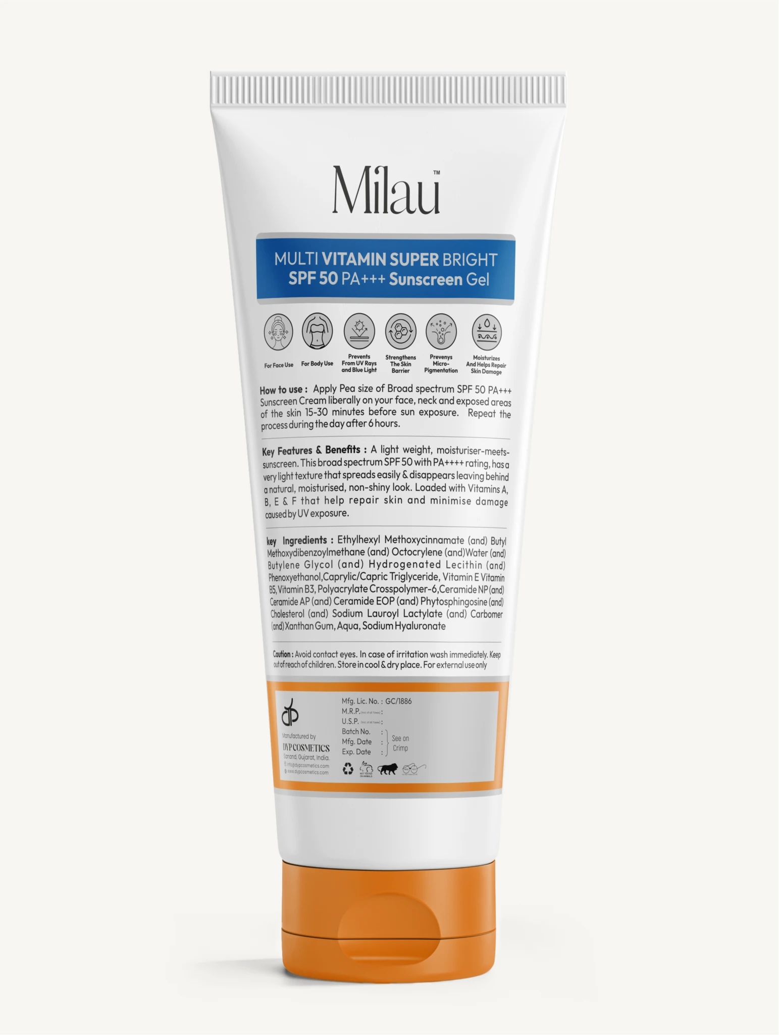Milau SPF 50 PA+++ Sunscreen Gel Back Label | Ingredients & Usage
