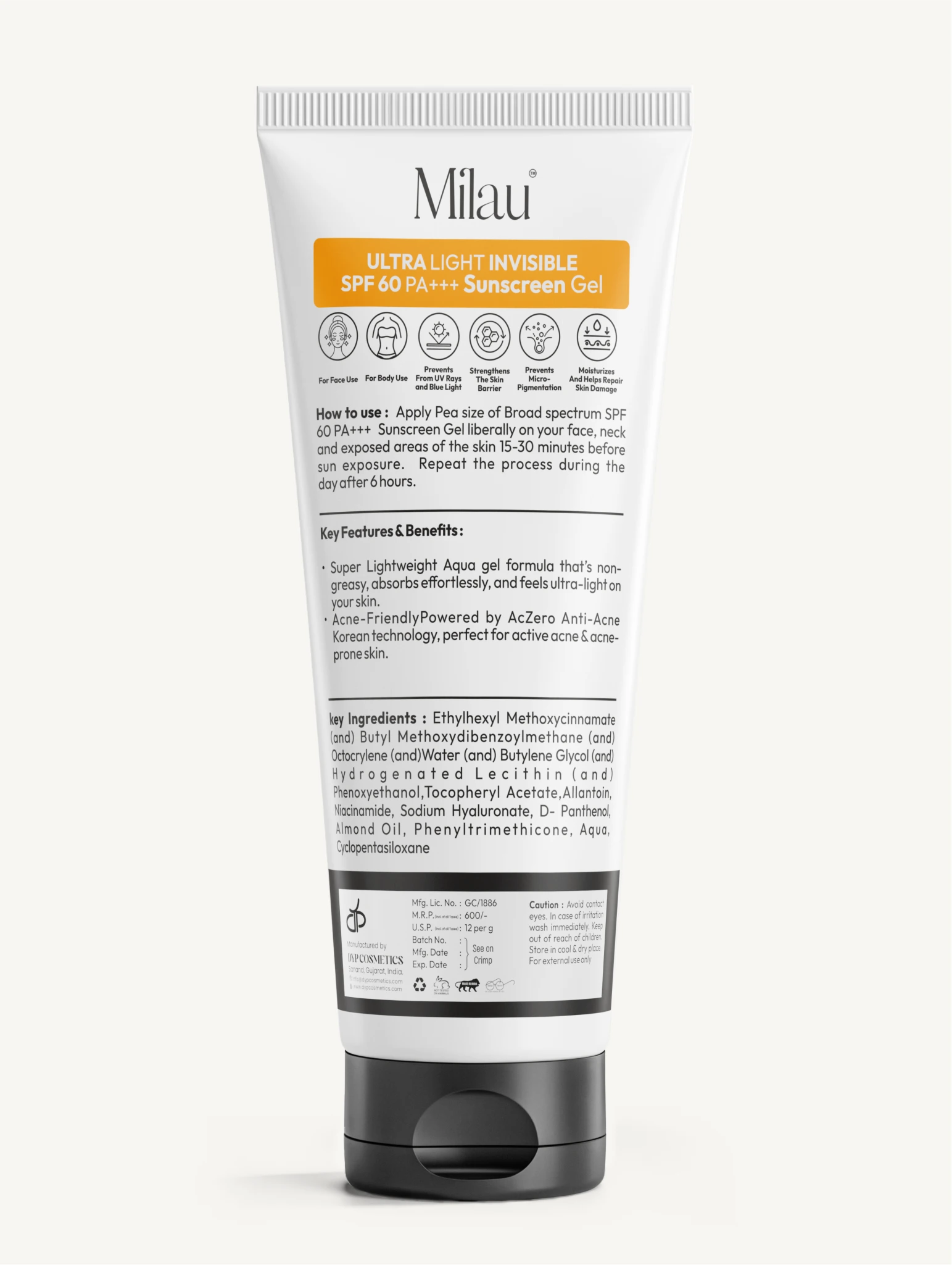 Milau SPF 60 PA+++ Sunscreen Gel Back View | Ingredients & Benefits