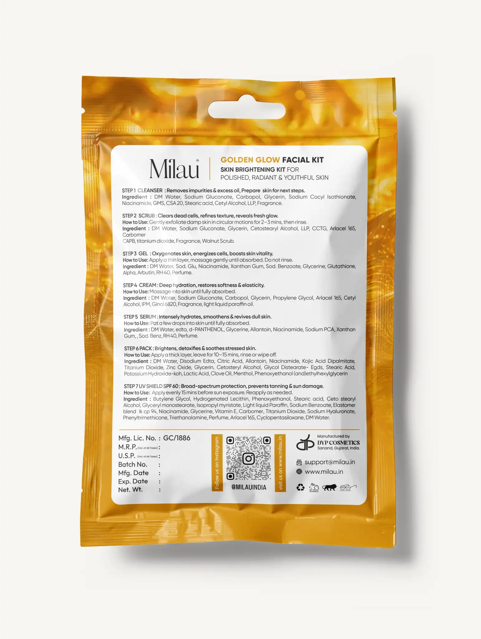 Milau Golden Glow Facial Kit – Skin Radiance 7 Step Facial Kit for Bright & Glowing Skin