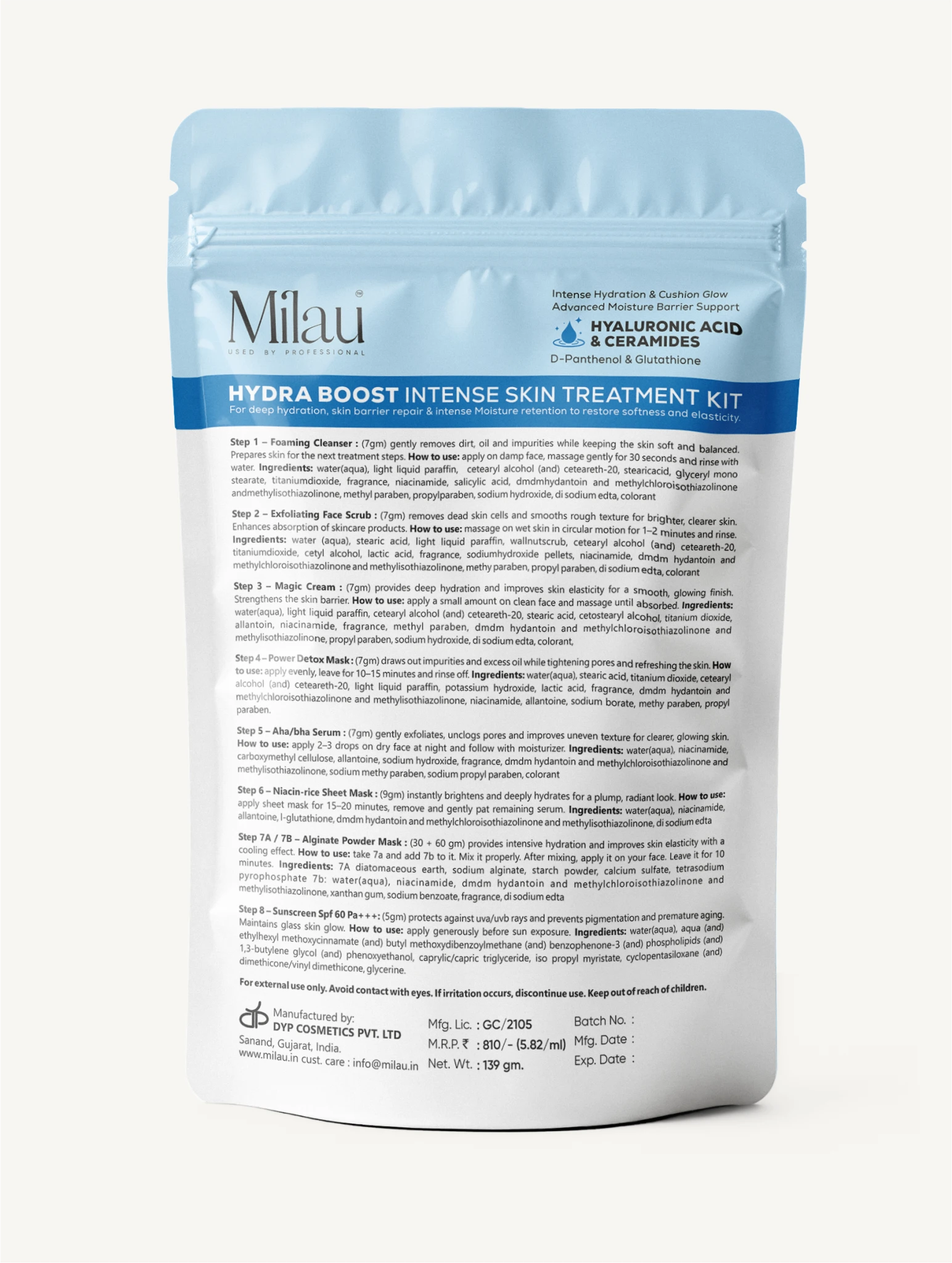 Ingredients & Details | Hydra Boost Skin Treatment Kit | Milau