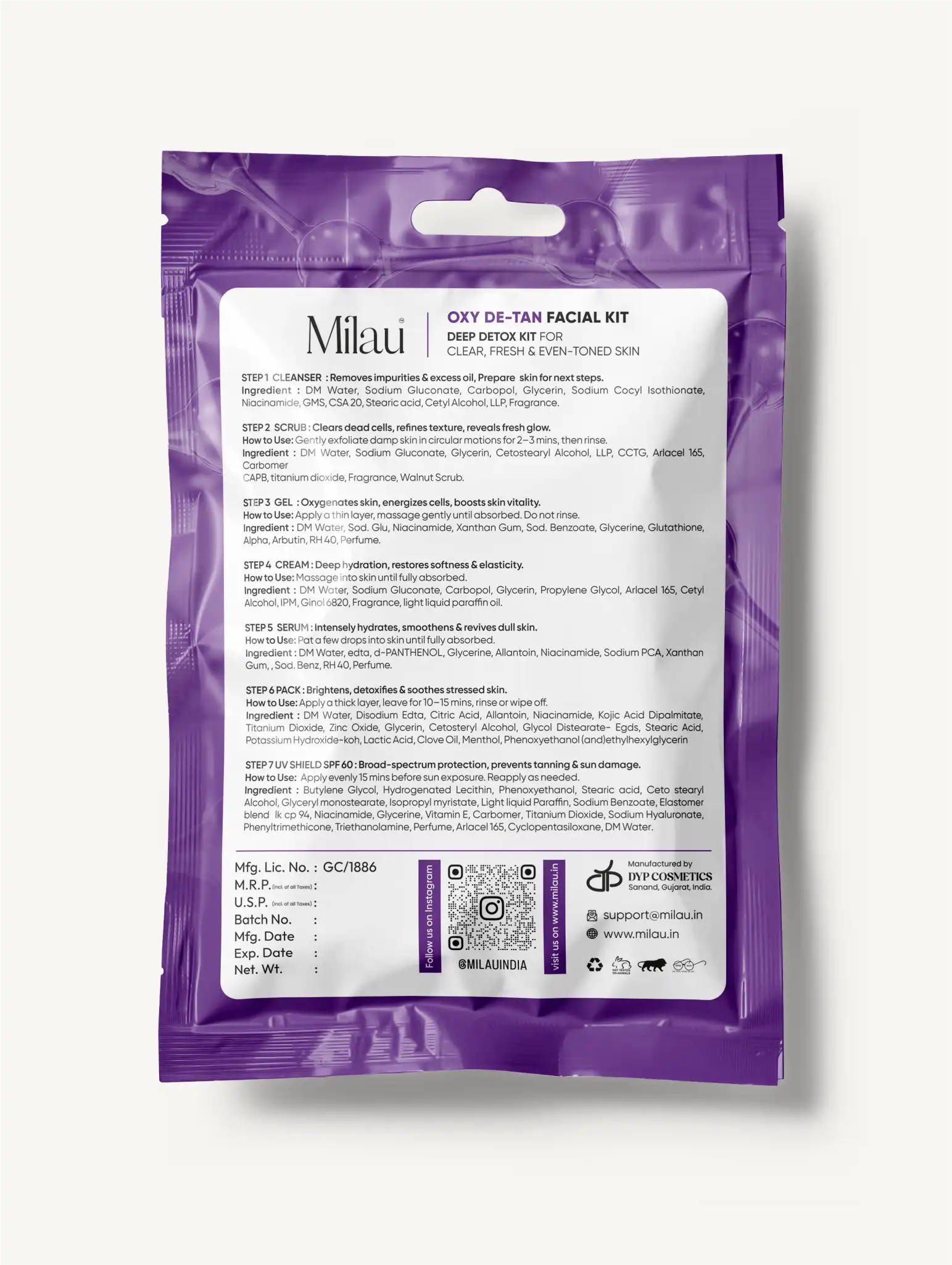 Milau Oxy De-Tan Facial Kit – Deep Detox 7 Step Facial Kit for Tan Removal & Clear Skin