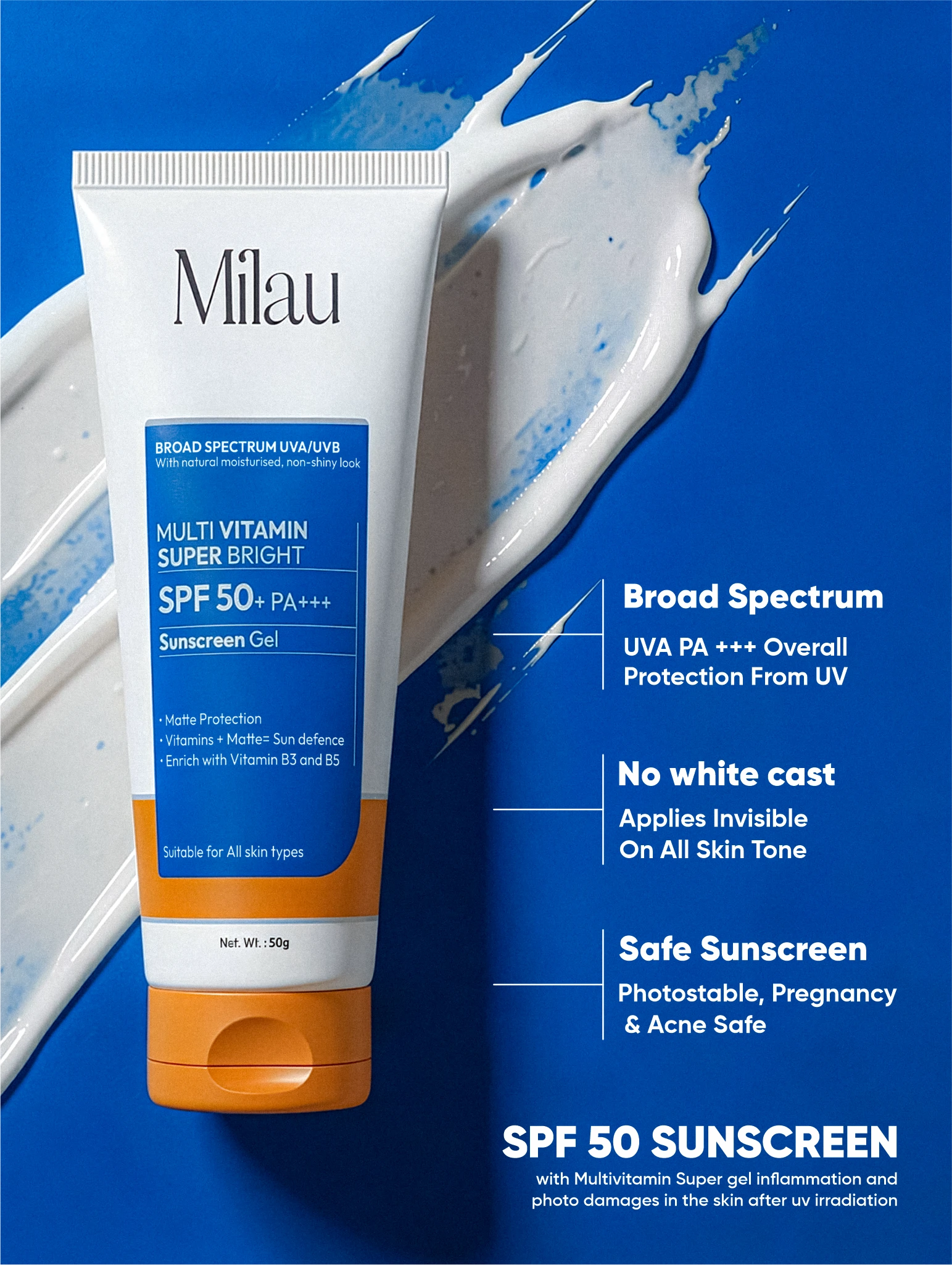 SPF 50 Sunscreen Gel with No White Cast | Milau Broad Spectrum | Milau
