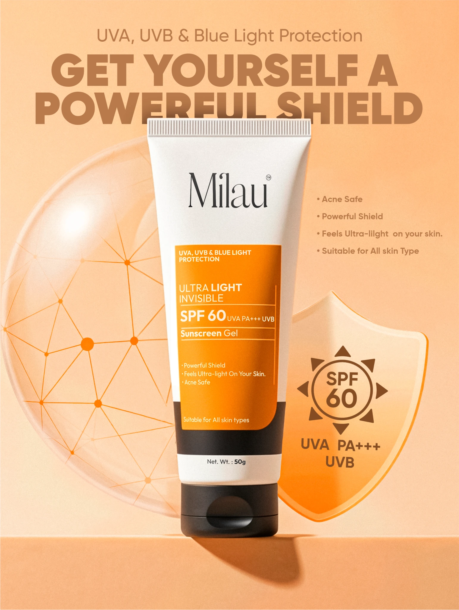 Sunscreen SPF 60 For Mean & Women | Powerful Shield Against UV Rays | Milau
