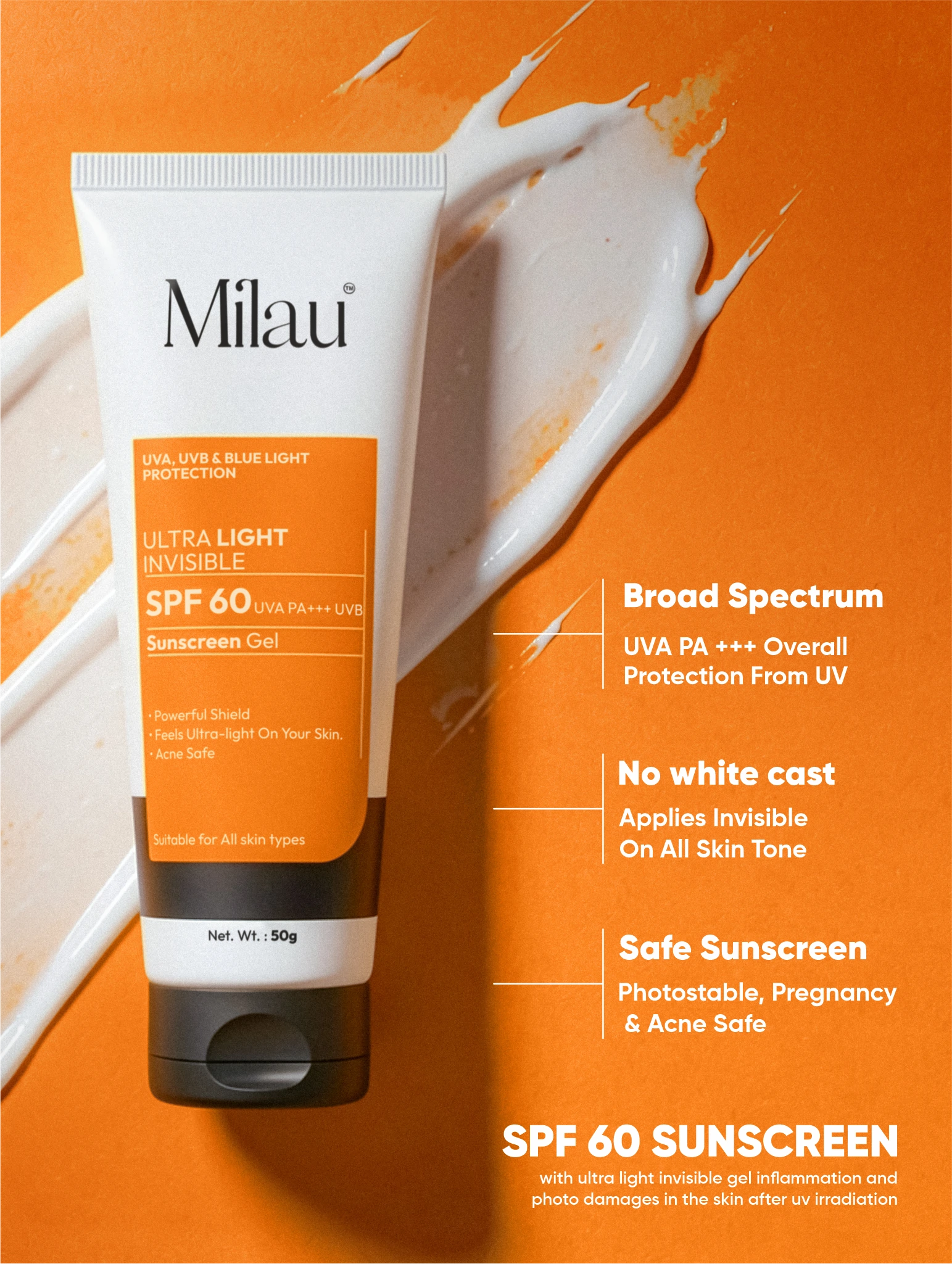 Ultra Light Invisible SPF 60 Sunscreen | No Grease No White Cast | Milau