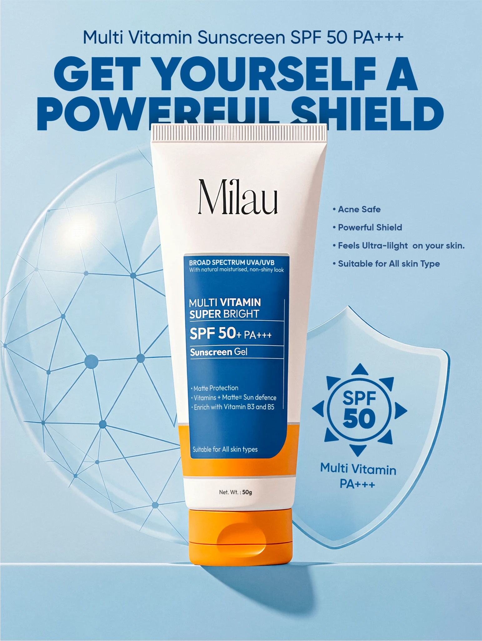 Broad Spectrum SPF 50 Sunscreen | UVA UVB Protection Gel India | Milau