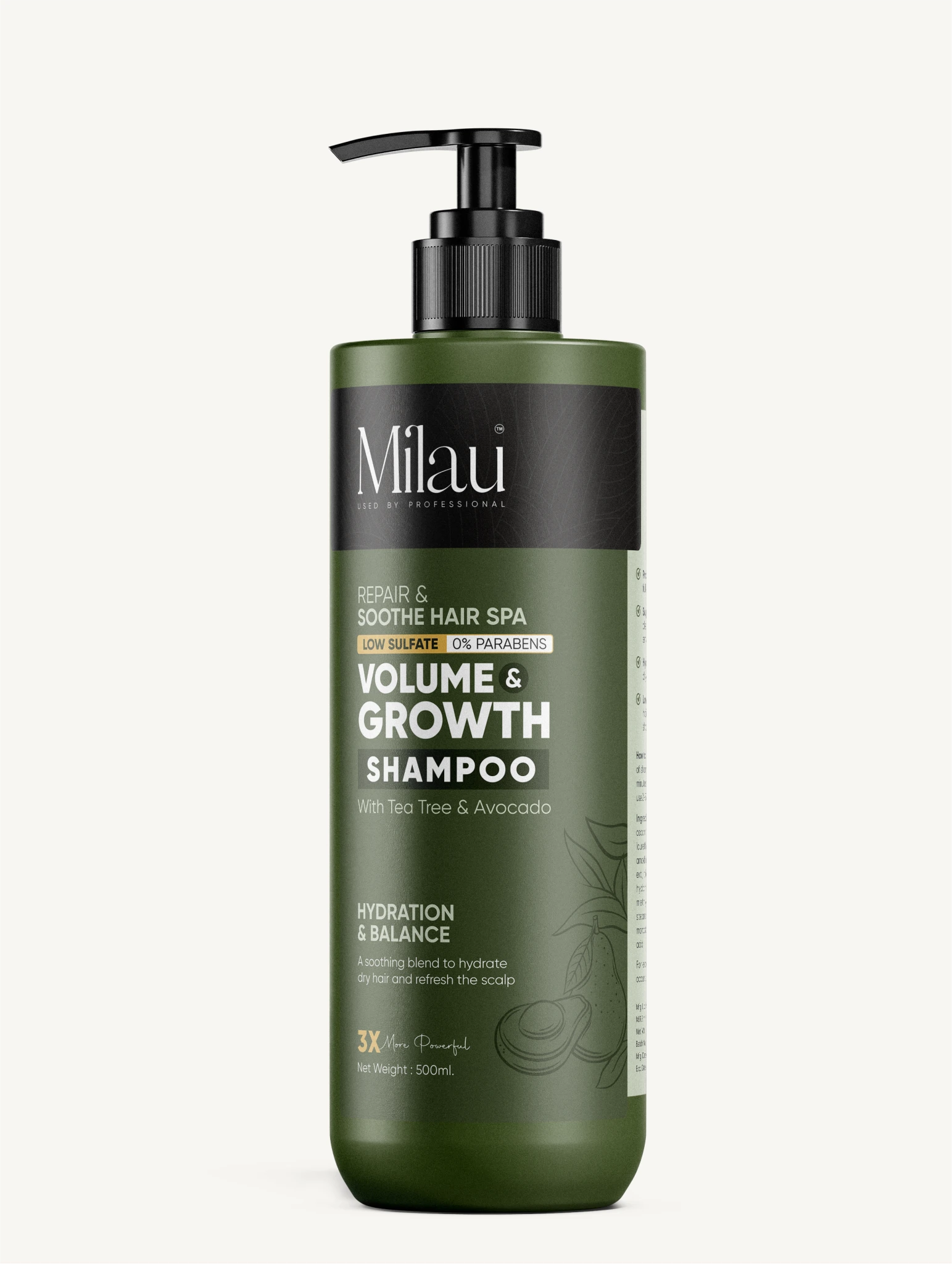 Hair Growth Shampoo for Hair Fall Control | Tea Tree & Avocado | Sulfate Free Hydrating Shampoo | Milau