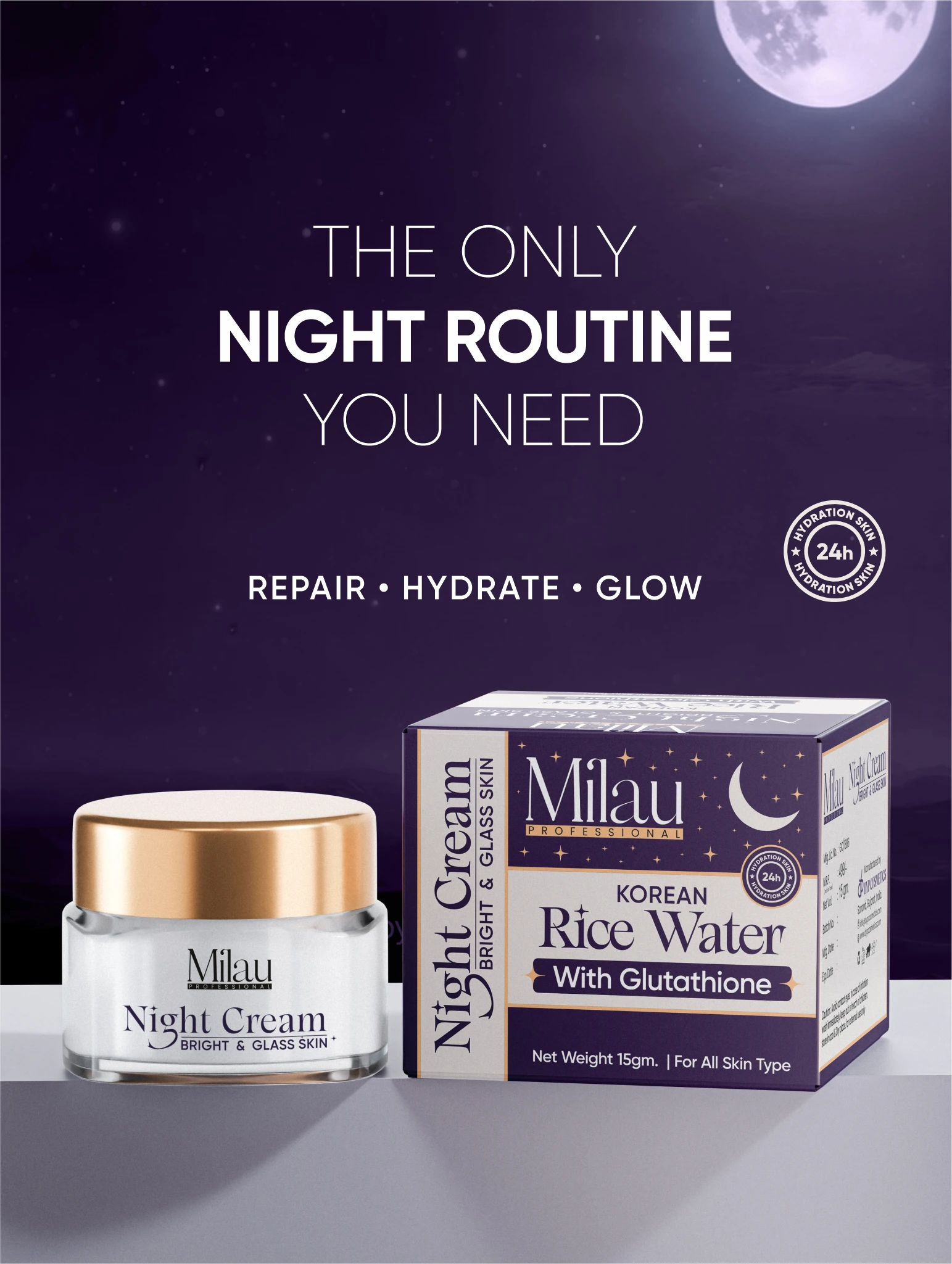 Korean Rice Water Night Cream with Glutathione | Brightening & Glass Skin Cream | Milau