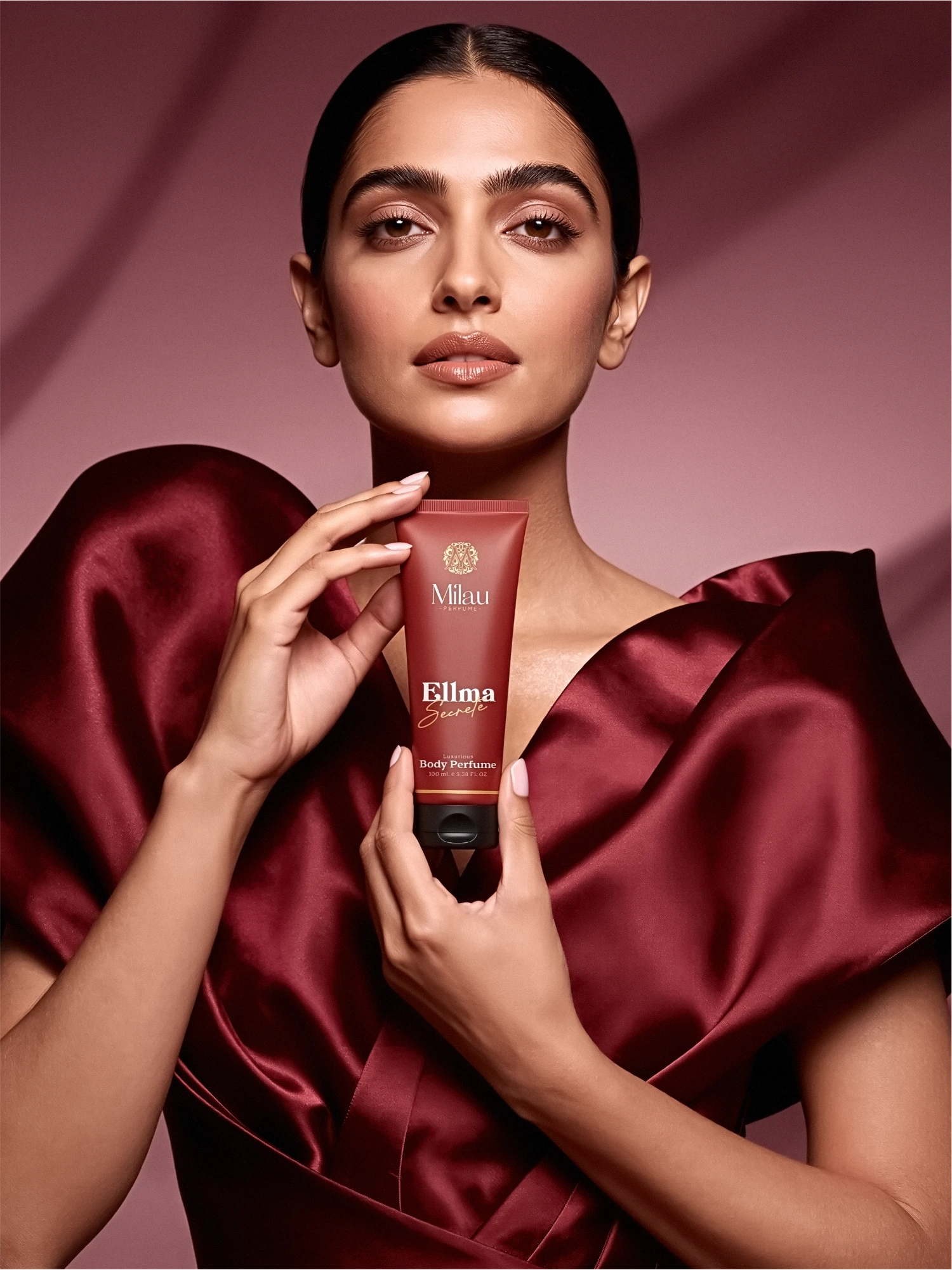 Milau Ellma Secrete Luxurious Body Perfume High-Fashion Crimson Satin Lifestyle Shoot – 100ml