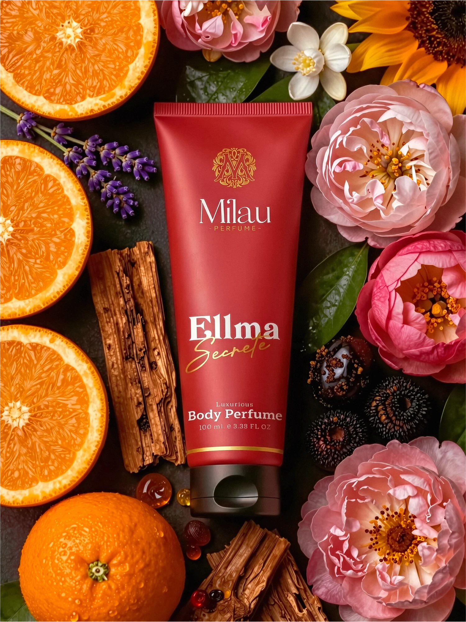 Milau Ellma Secrete Luxurious Body Perfume Cream with Elegant Pink Rose & Citrus Flatlay – 100ml