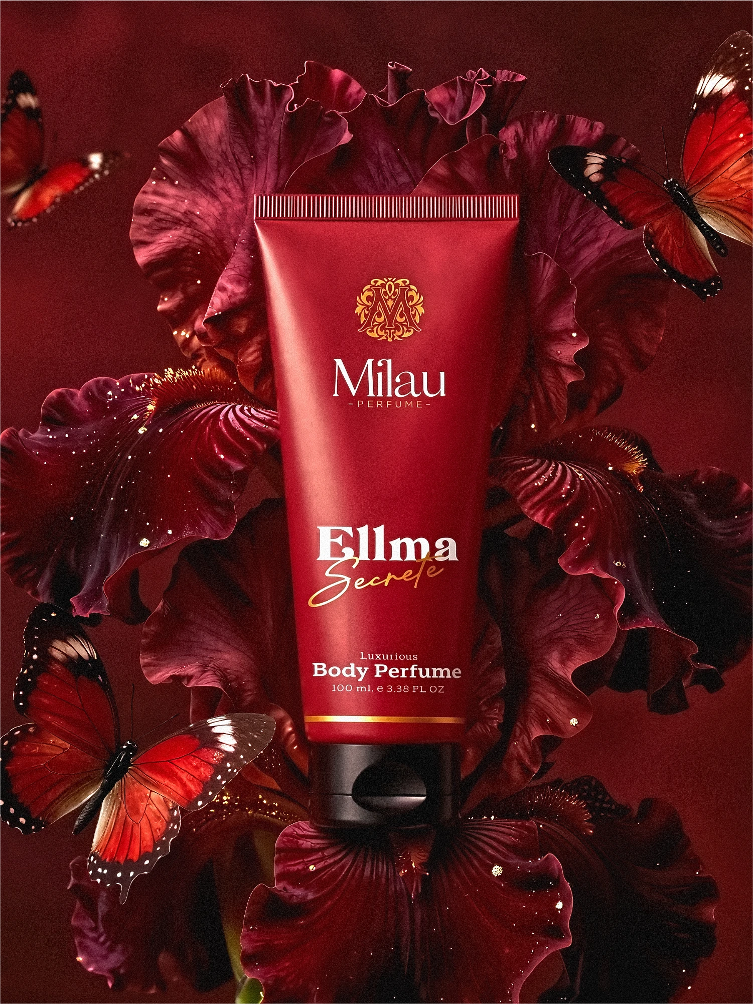 Milau Ellma Secrete Luxurious Body Perfume with Crimson Floral & Butterfly Art