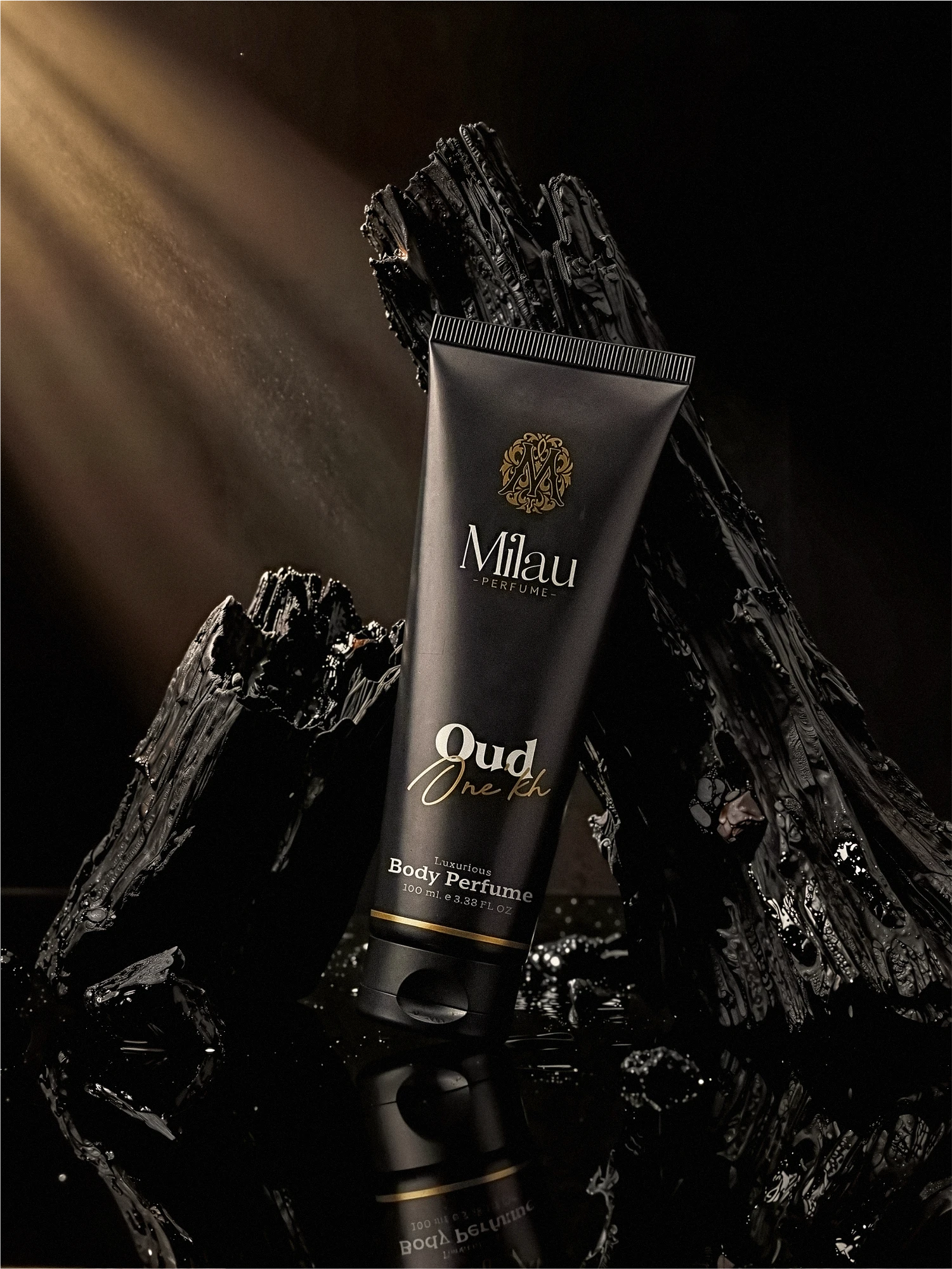 Milau Oud One Kh Premium Body Perfume with Luxury Dark Wood & Ray Backdrop