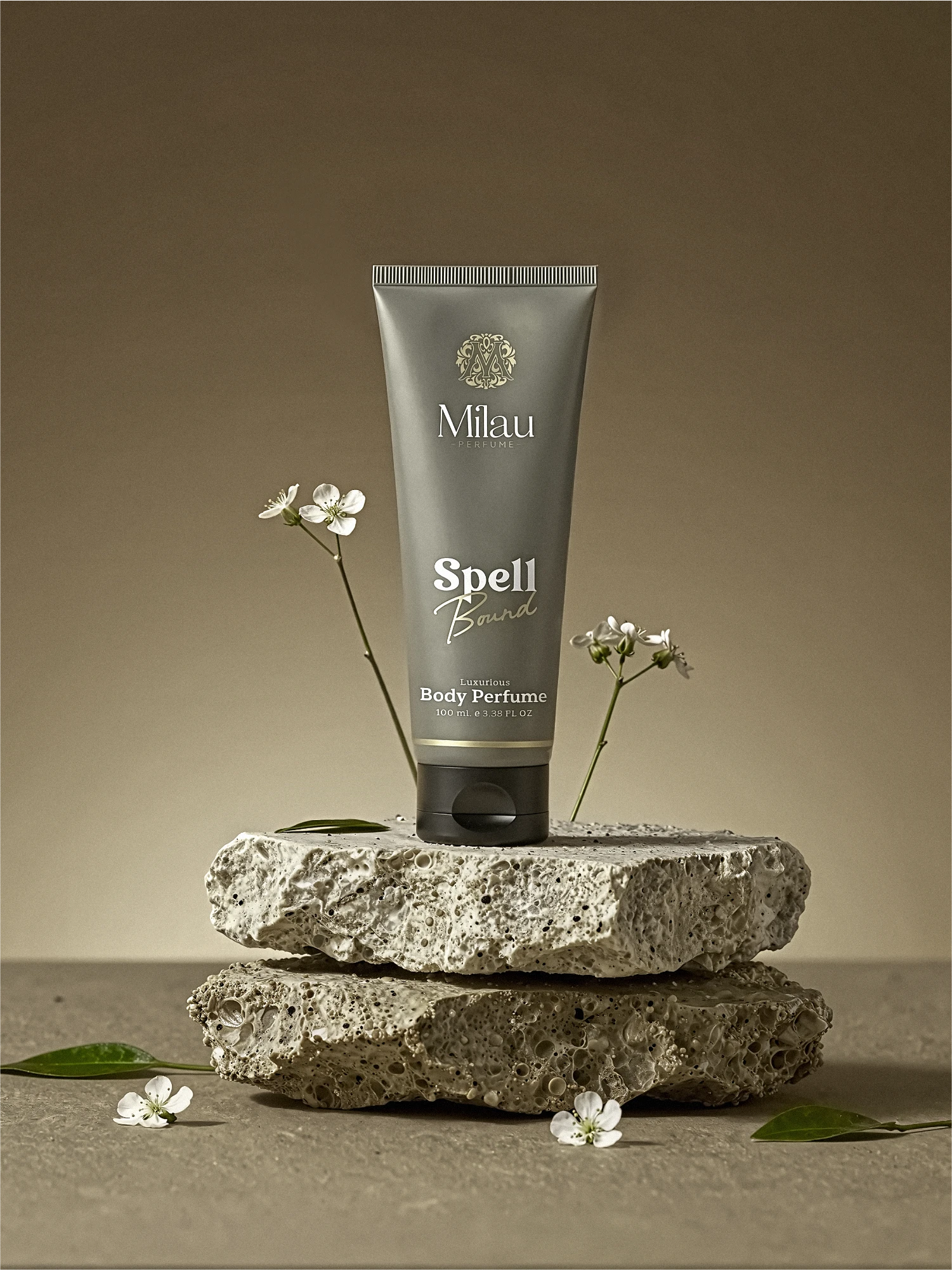 Milau Spell Bound Celestial Body Perfume on Natural Stone Pedestal