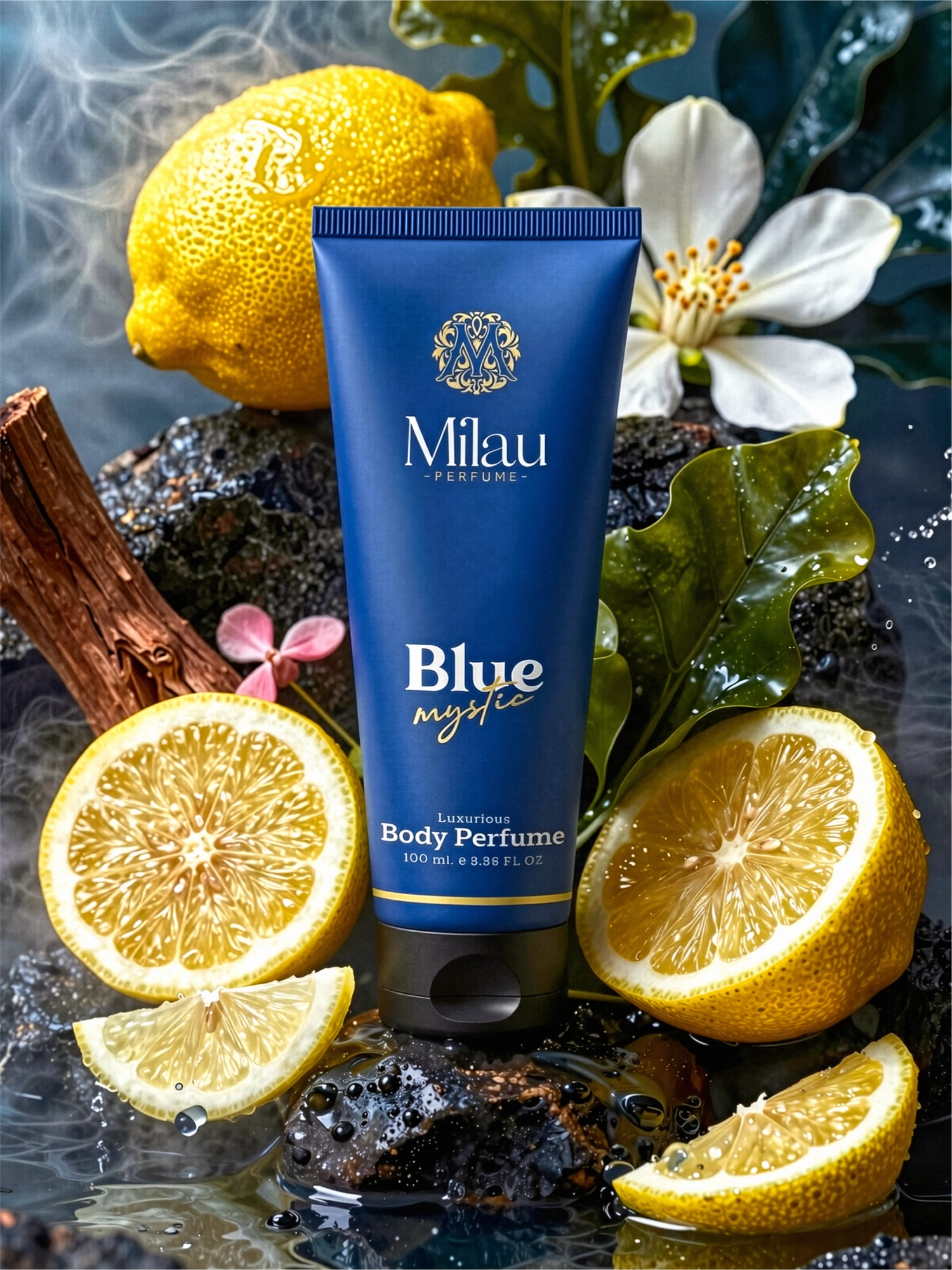 Milau Blue Mystic Alcohol-Free Body Perfume Cream with Refreshing Lemon & Splash Detail – 100ml