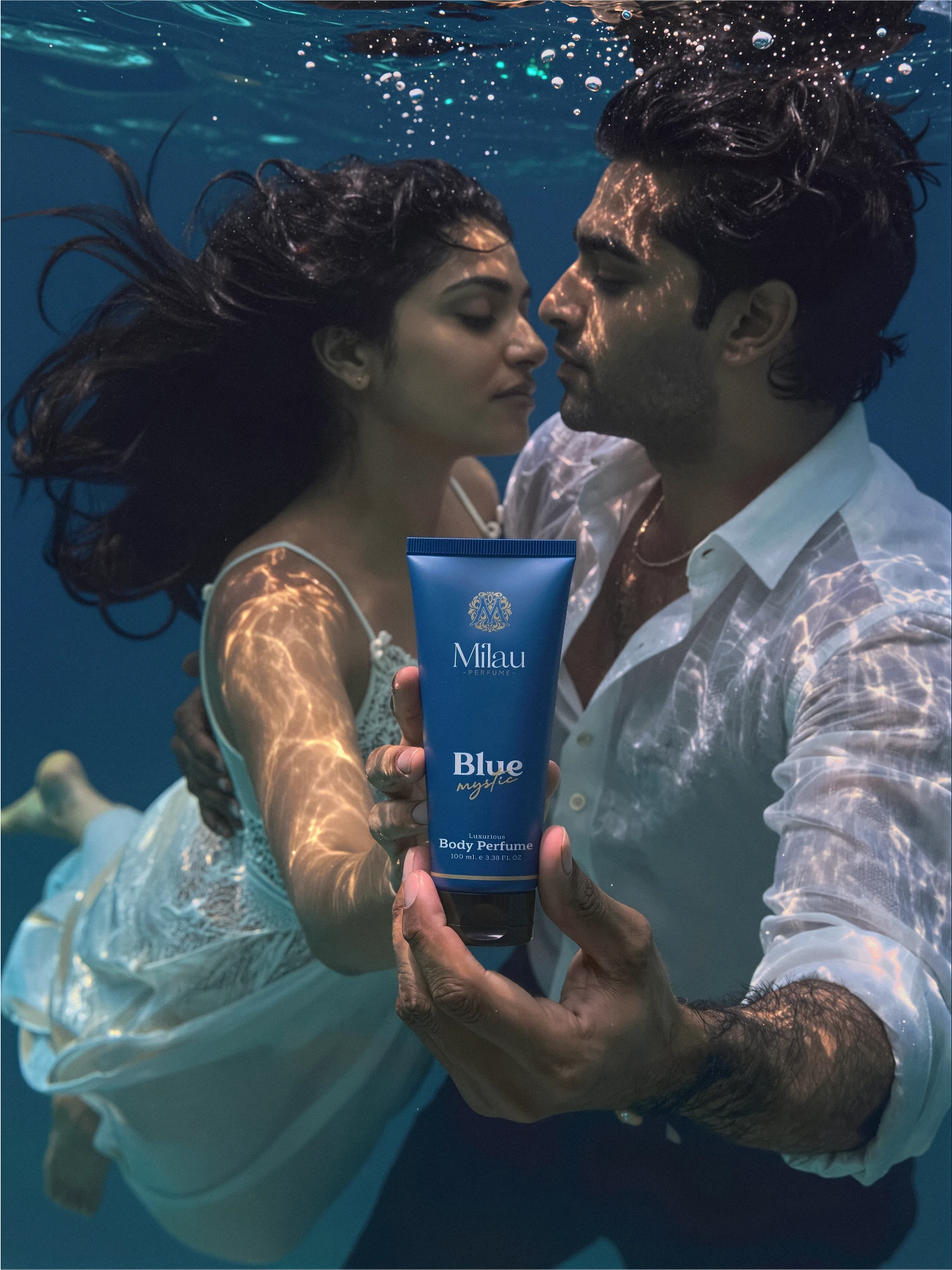 Milau Blue Mystic Premium Body Perfume Underwater Cinematic Couple Campaign – 100ml