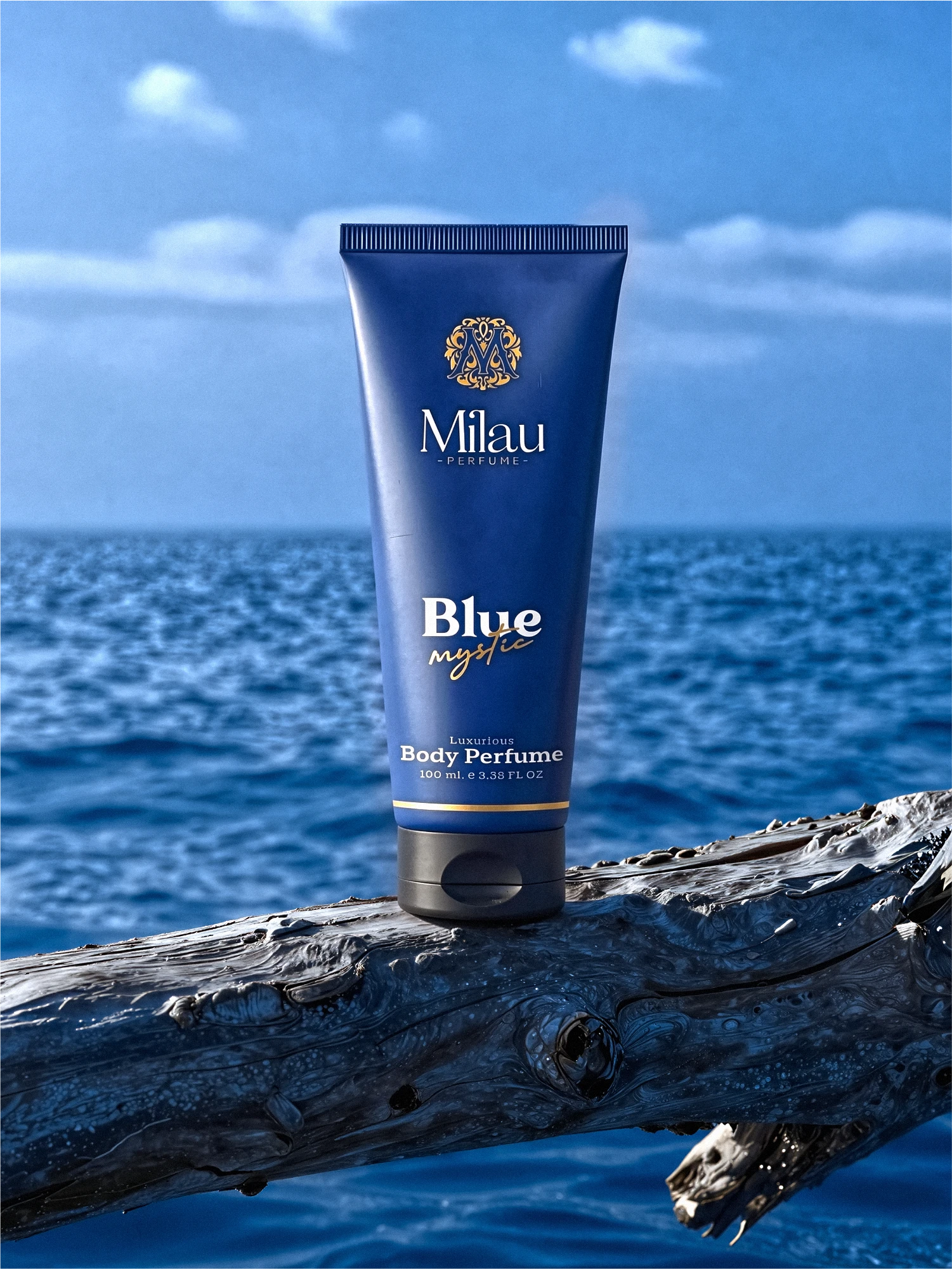 Milau Blue Mystic Fresh Alcohol-Free Body Perfume with Ocean Backdrop